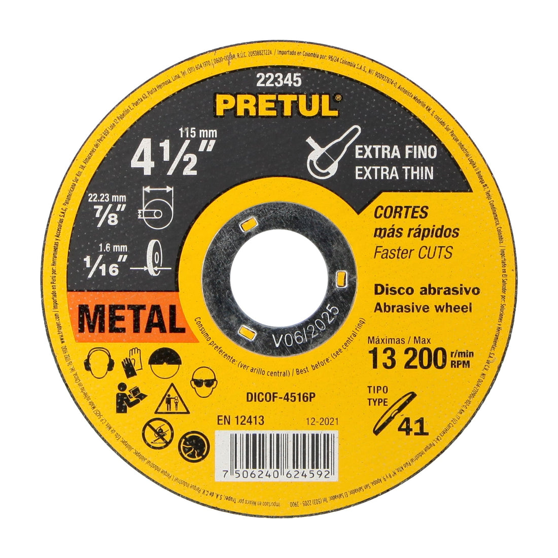 Disco abrasivo de corte preciso metal 4-1/2" x 1.6 mm PRETUL