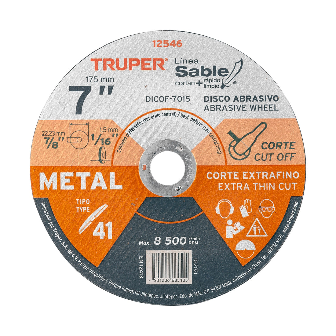 Disco abrasivo de corte preciso metal 7" x 1.5 mm, TRUPER