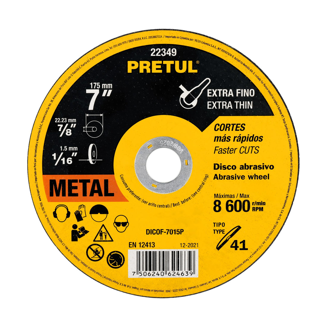 Disco abrasivo de corte preciso metal 7" x 1.5 mm, PRETUL