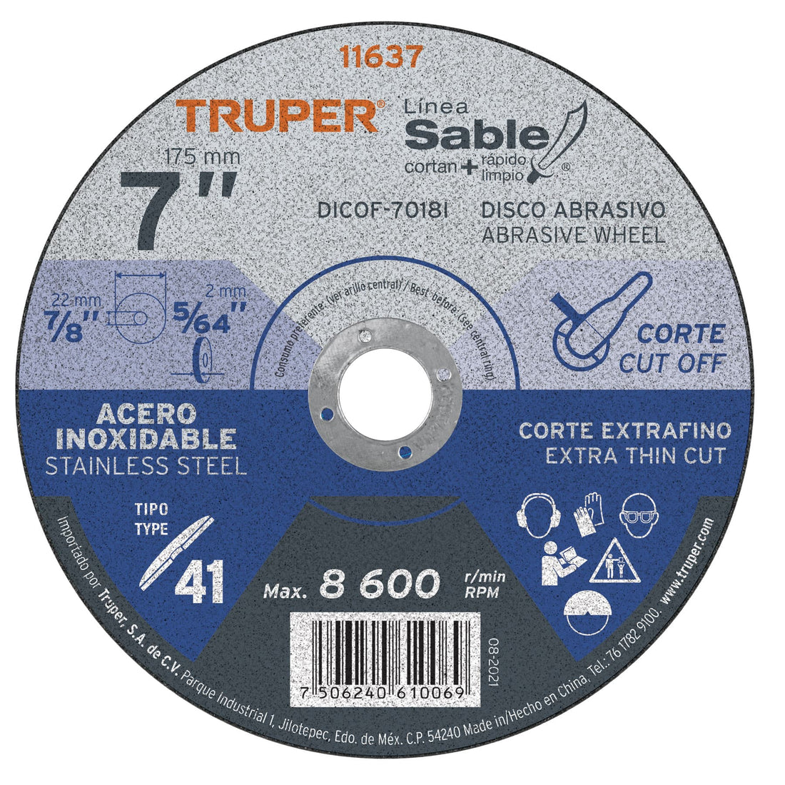 Disco abrasivo de corte preciso acero inox 7" x 1.8mm TRUPER