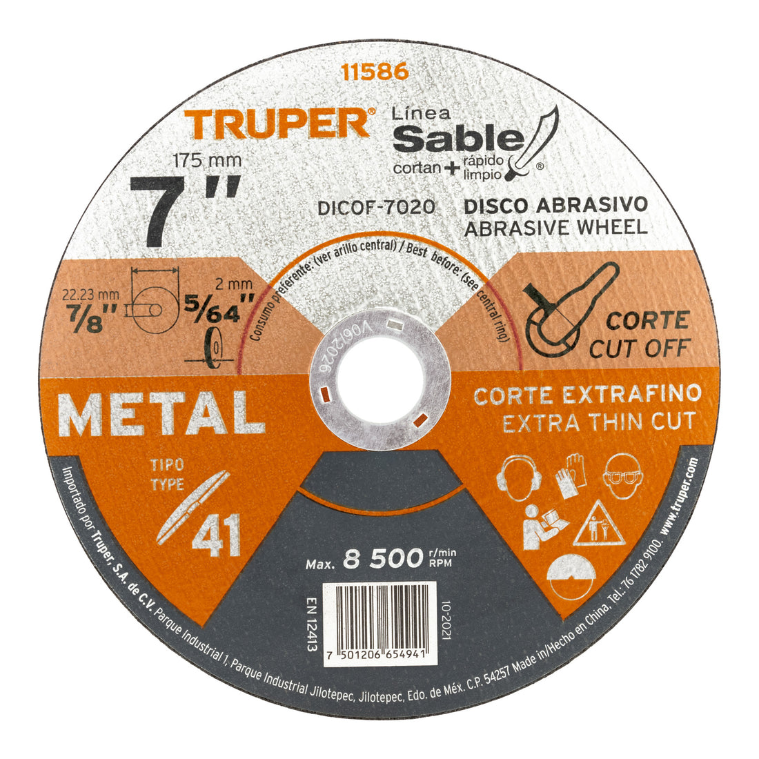 Disco abrasivo de corte preciso metal 7" x 2 mm, TRUPER