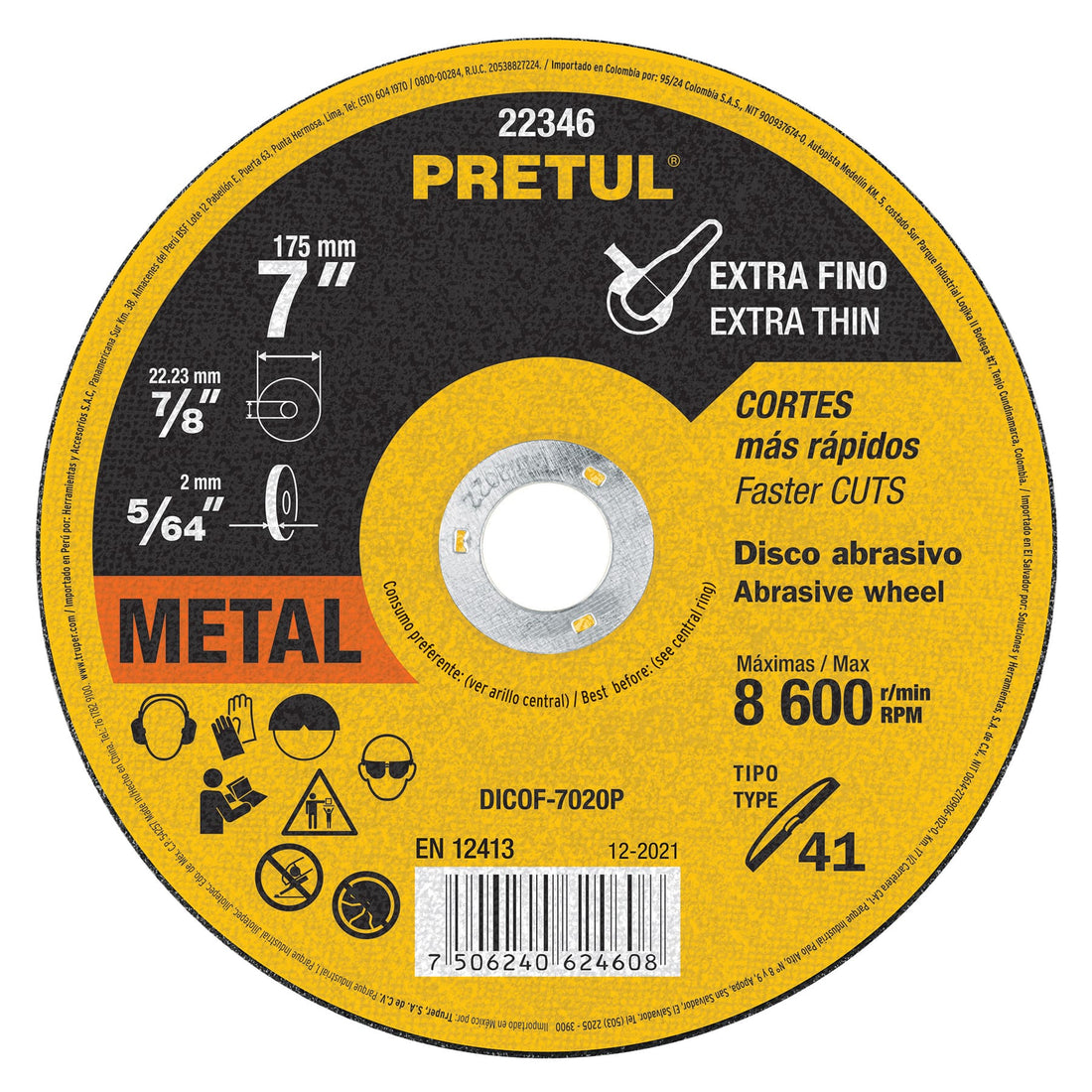 Disco abrasivo de corte preciso metal 7" x 2 mm, PRETUL