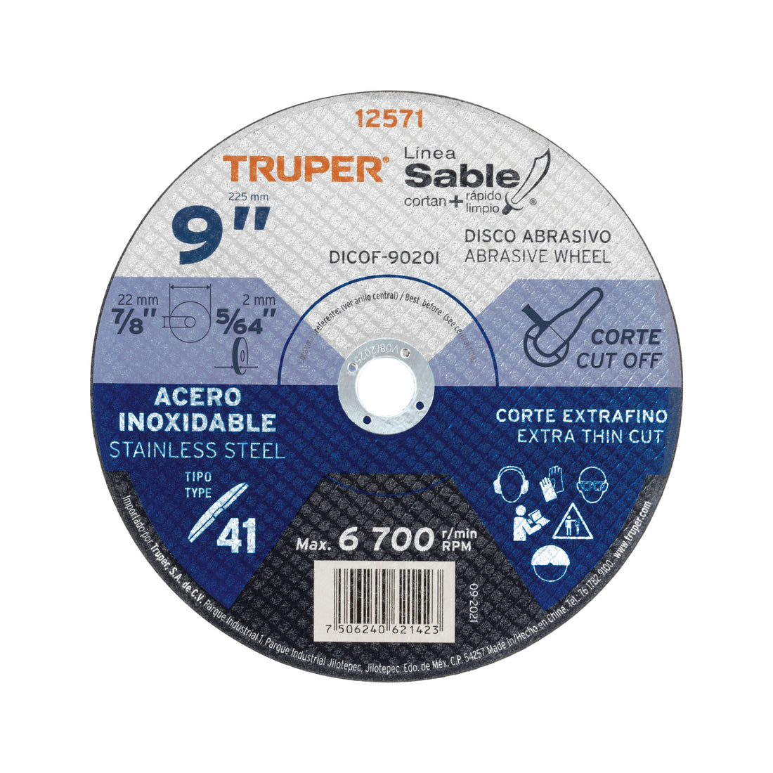 Disco abrasivo de corte preciso acero inox 9" x 2 mm, TRUPER
