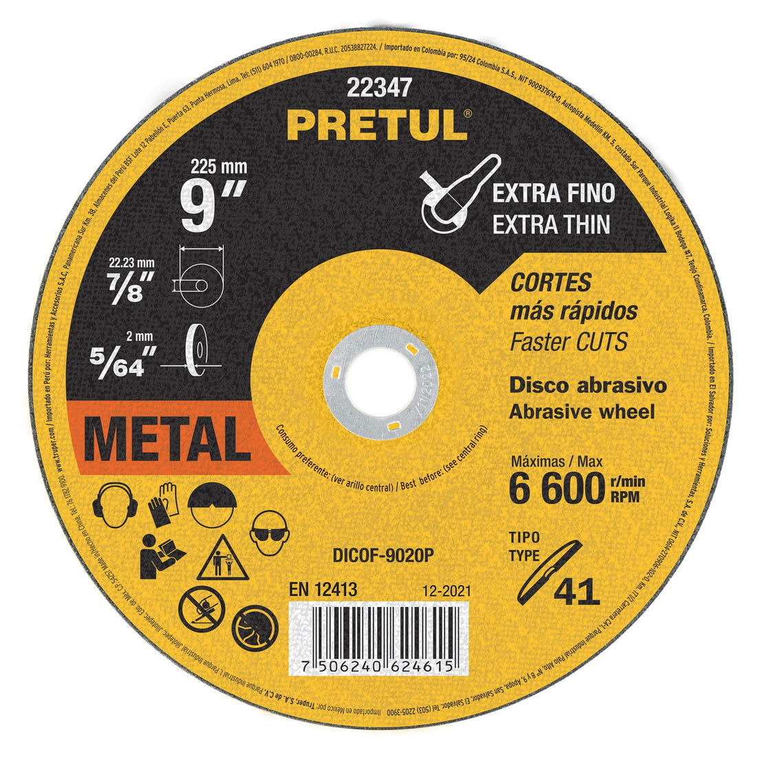 Disco abrasivo de corte preciso metal 9" x 2 mm, PRETUL