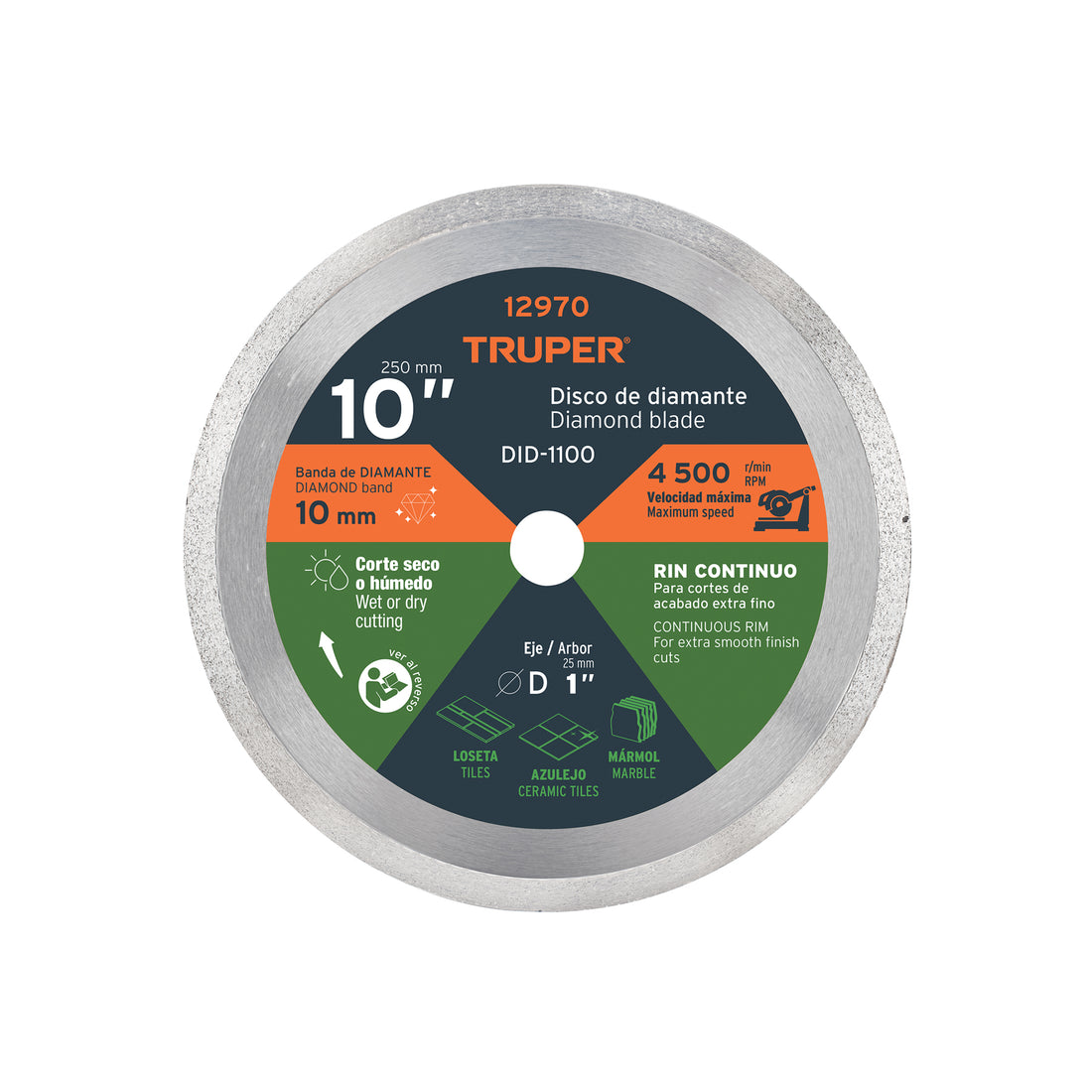 Disco de diamante de 10" x 2.2 mm, rin continuo, TRUPER