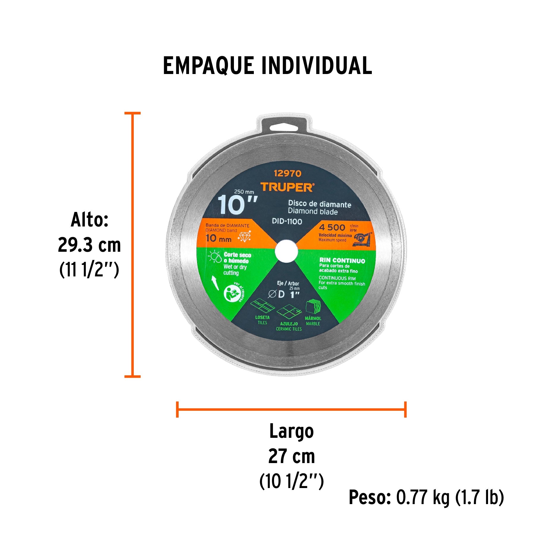 Disco de diamante de 10" x 2.2 mm, rin continuo, TRUPER - Empaque