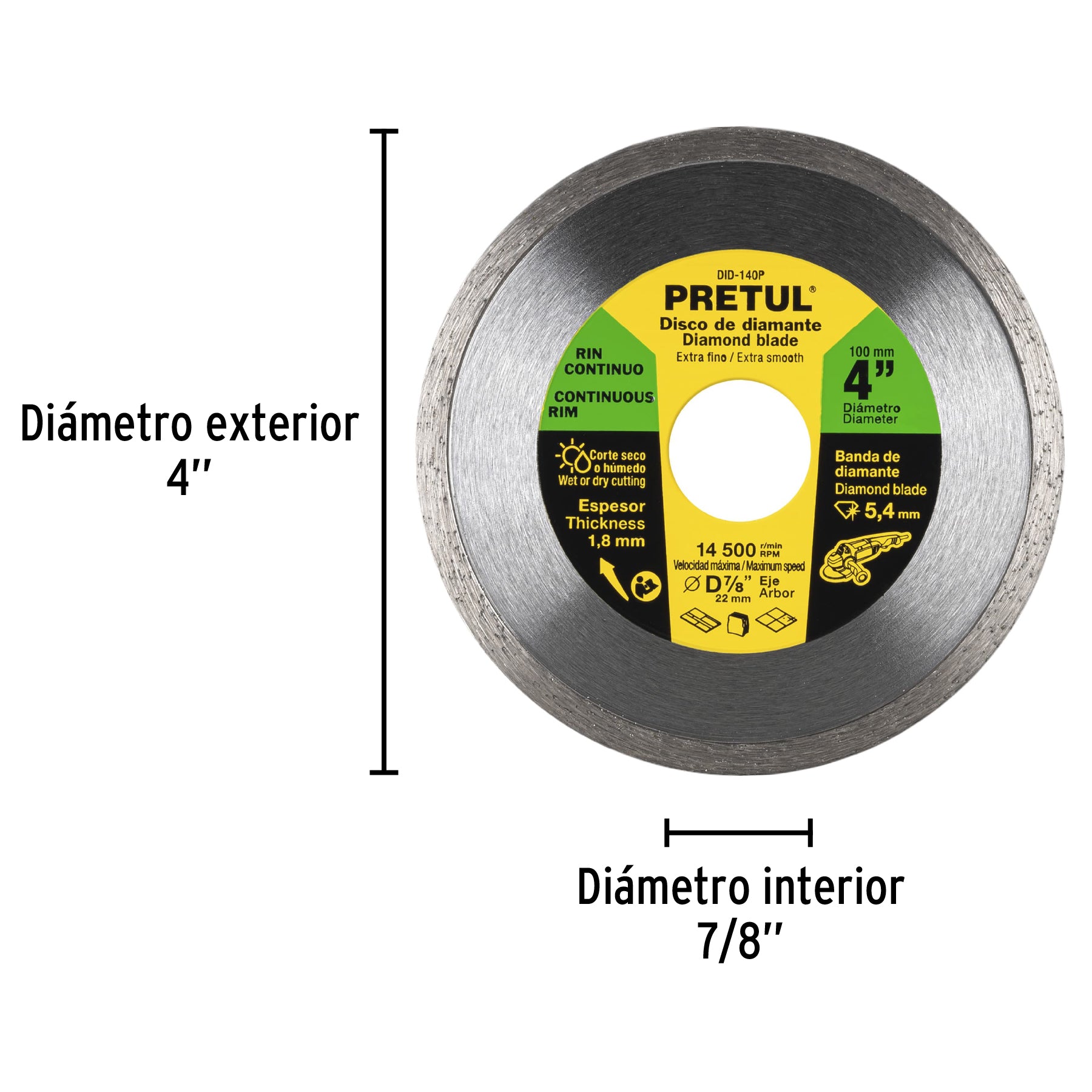 Disco de diamante de 4" x 1.8 mm, rin continuo, PRETUL