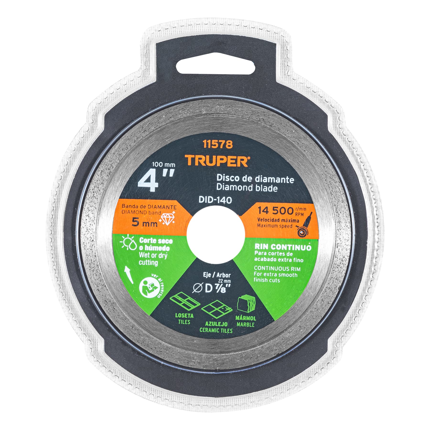 Disco de diamante de 4" x 1.6 mm, rin continuo, TRUPER
