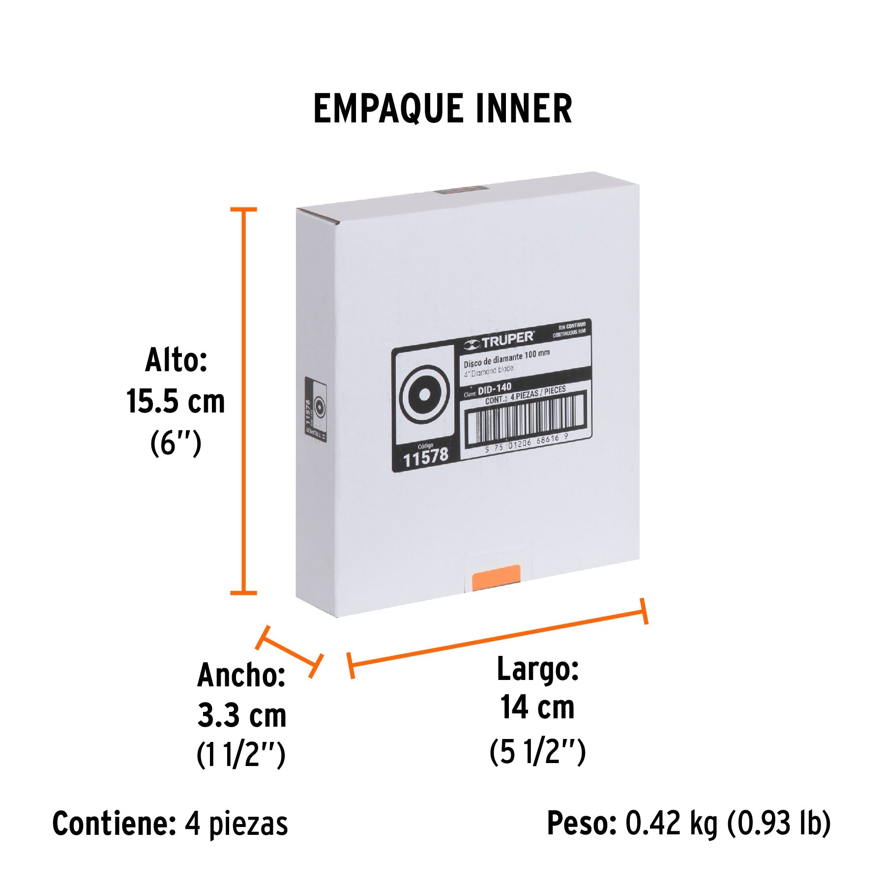 Disco de diamante de 4" x 1.6 mm, rin continuo, TRUPER - Empaque