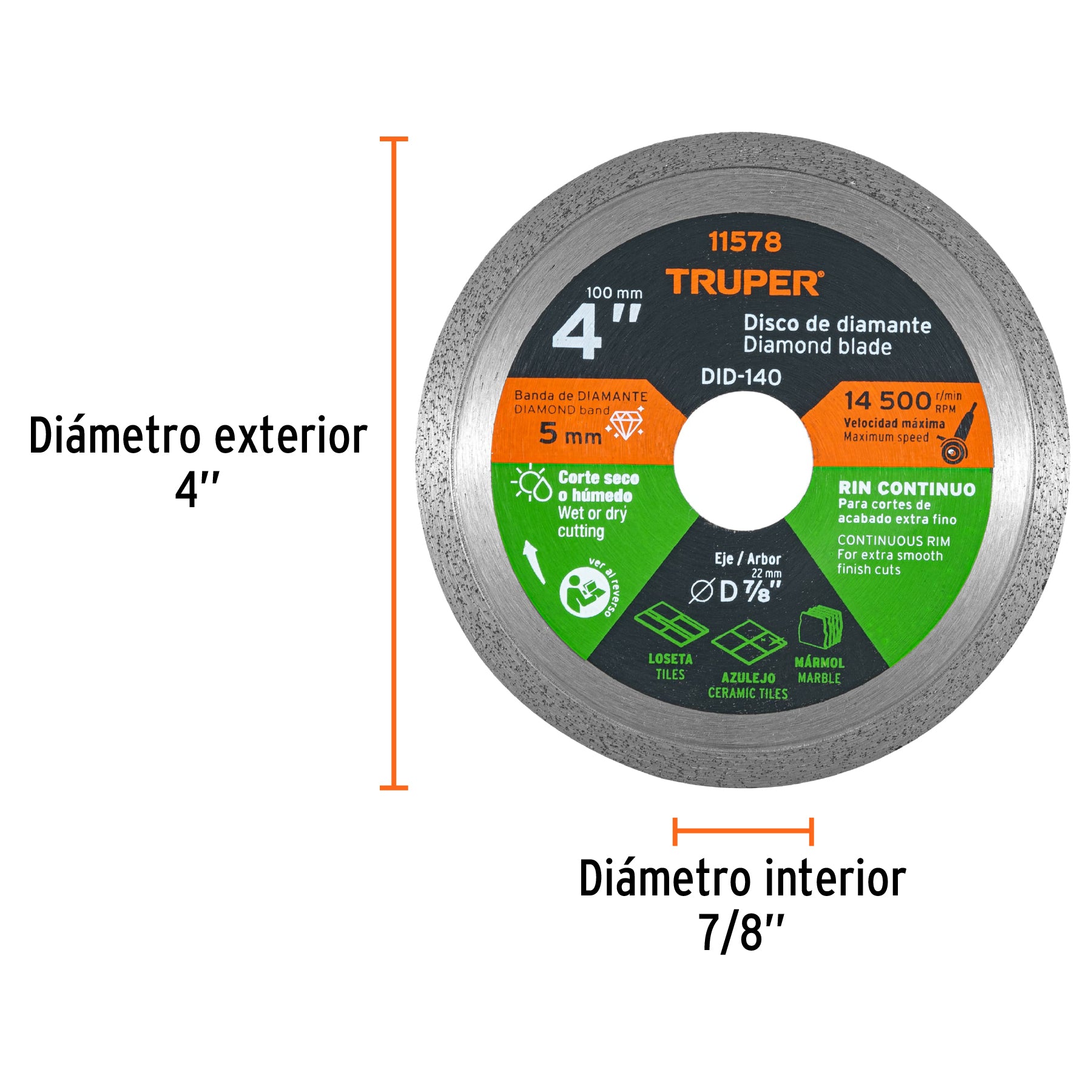 Disco de diamante de 4" x 1.6 mm, rin continuo, TRUPER