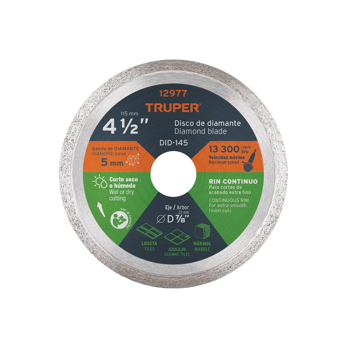 Disco de diamante de 4-1/2" x 1.6 mm, rin continuo, TRUPER