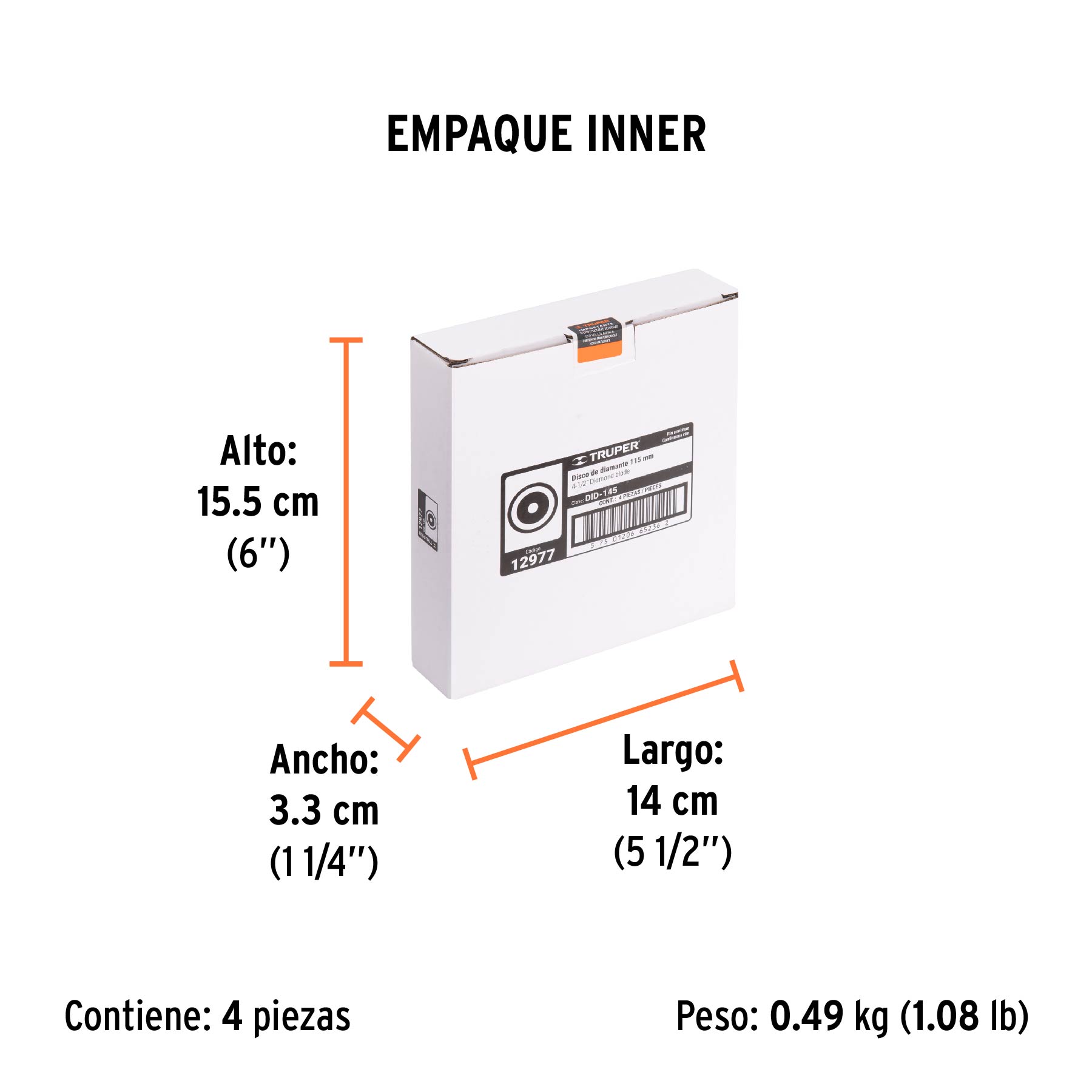 Disco de diamante de 4-1/2" x 1.6 mm, rin continuo, TRUPER - Empaque