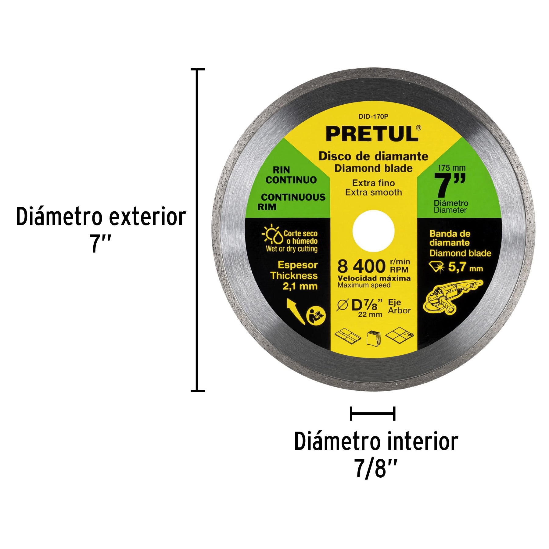 Disco de diamante de 7" x 2.1 mm, rin continuo, PRETUL