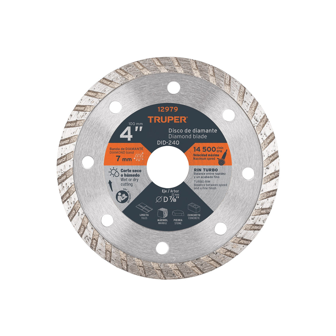 Disco de diamante de 4" x 2.2 mm, rin turbo, TRUPER