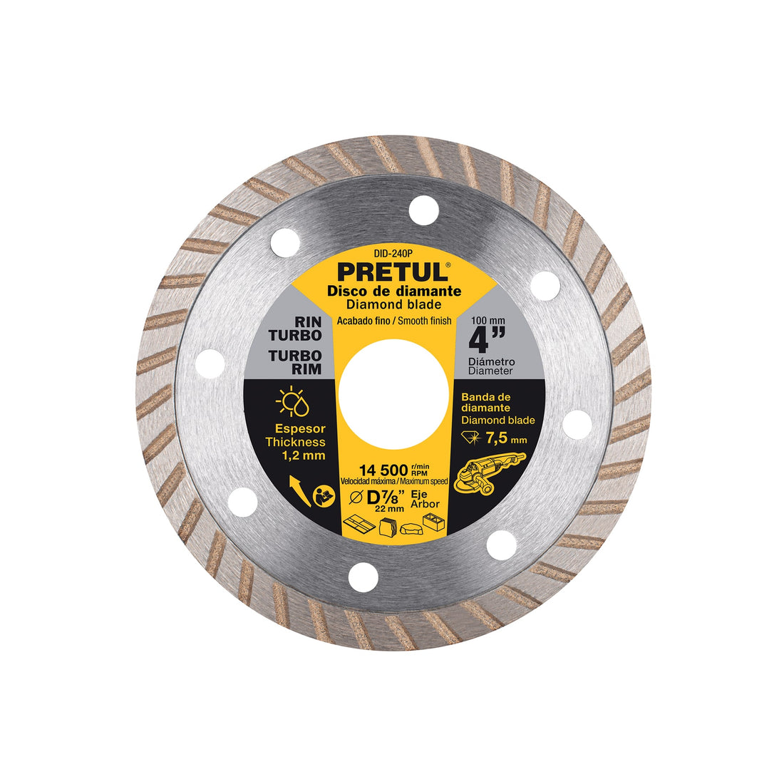 Disco de diamante de 4" x 1.2 mm, rin turbo, PRETUL