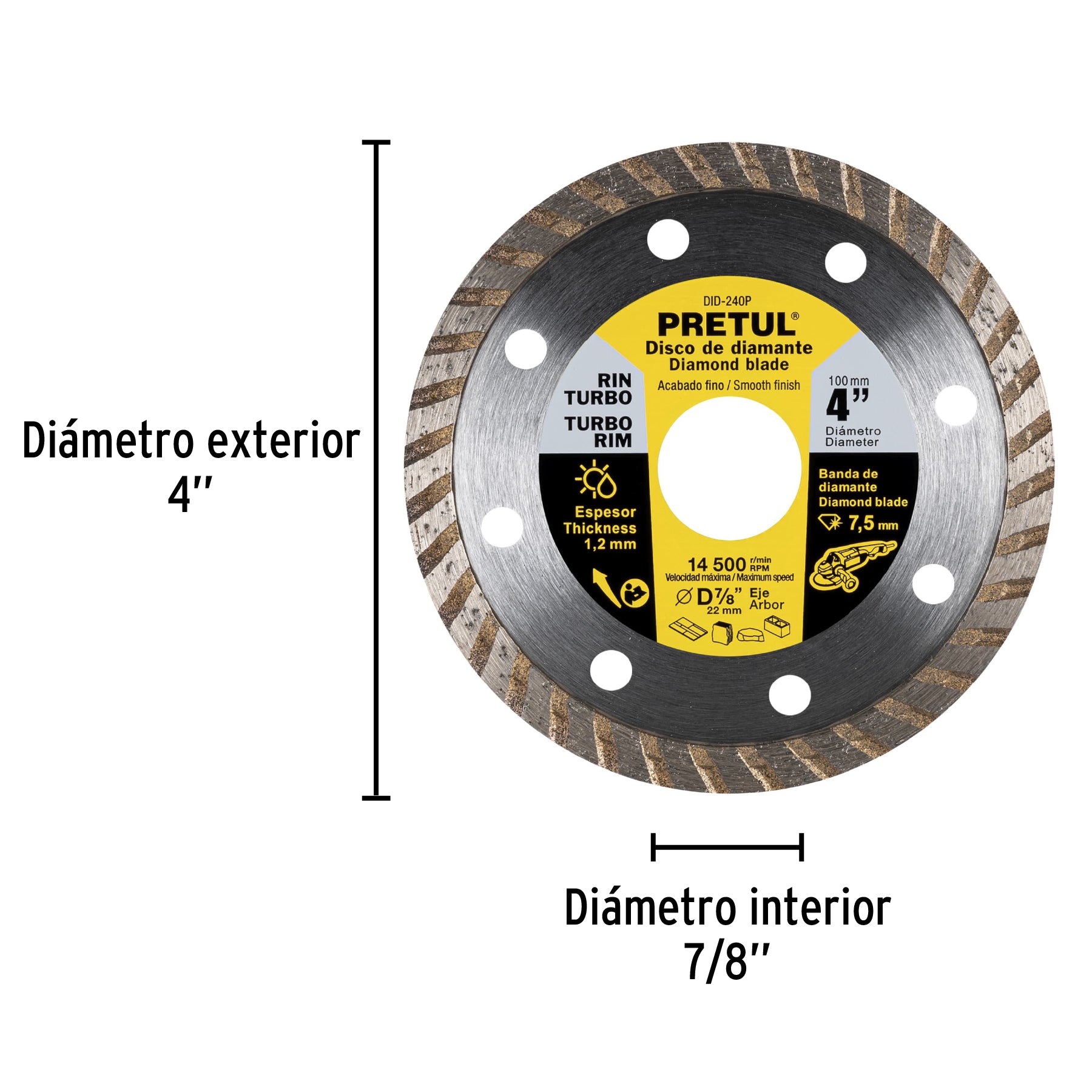Disco de diamante de 4" x 1.2 mm, rin turbo, PRETUL