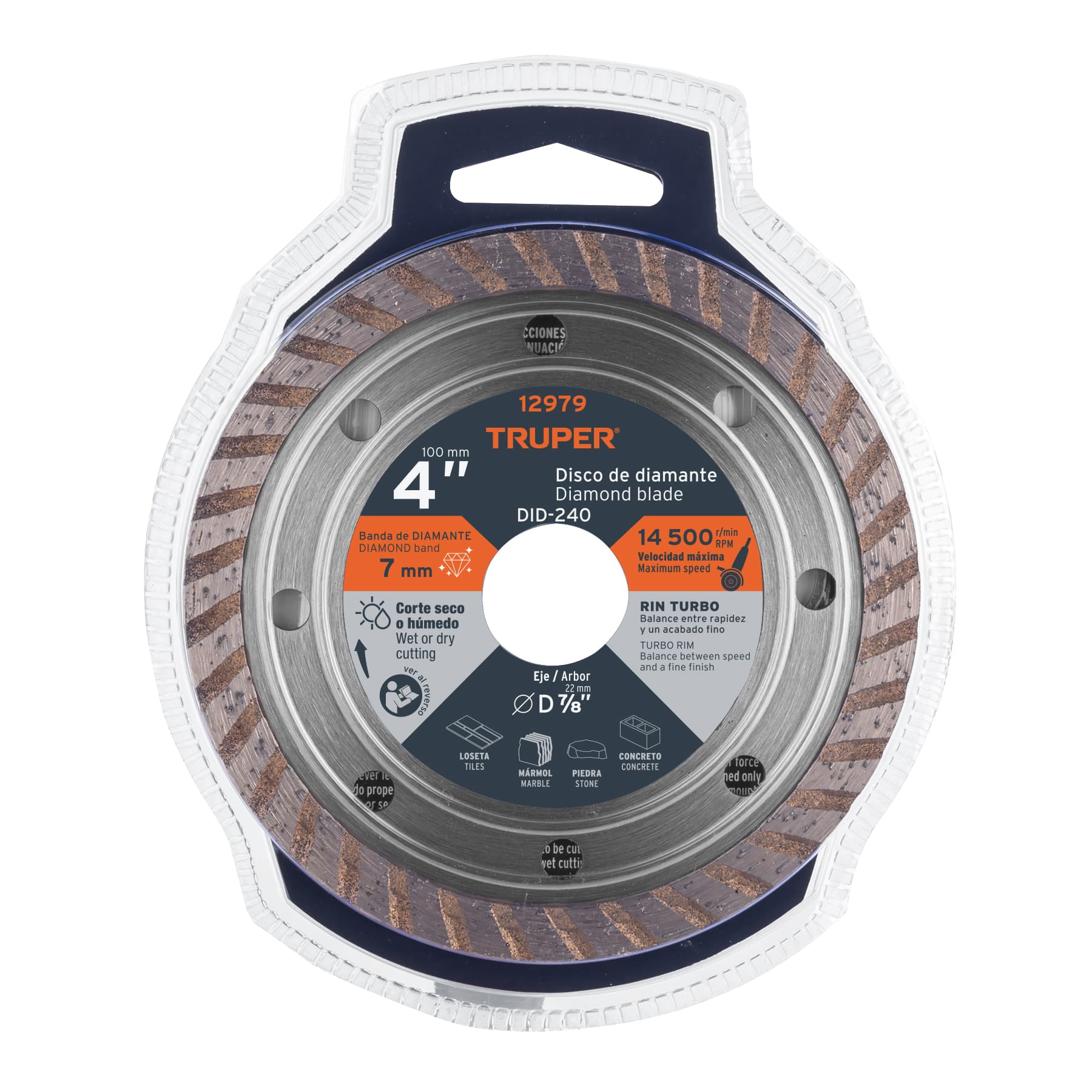 Disco de diamante de 4" x 2.2 mm, rin turbo, TRUPER