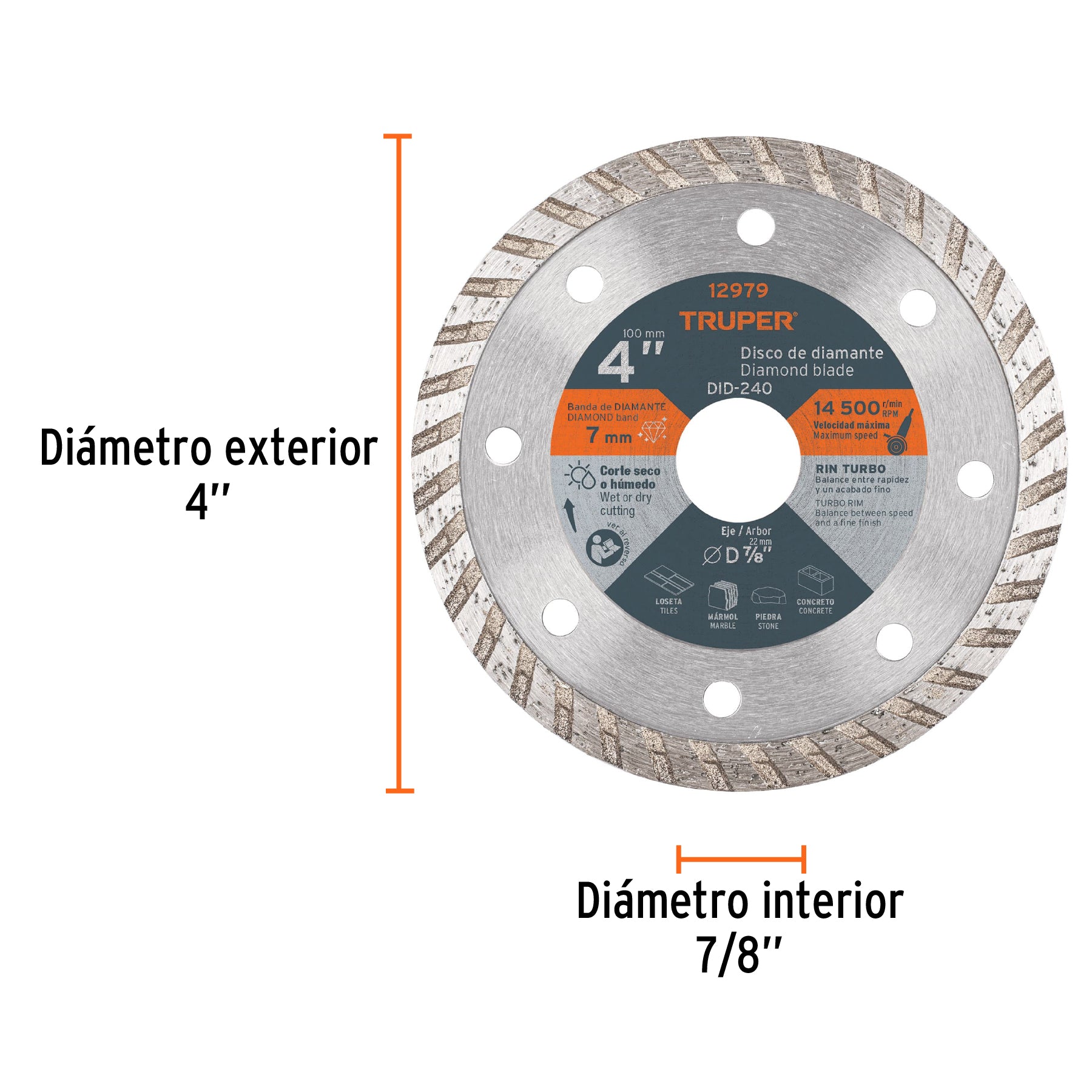 Disco de diamante de 4" x 2.2 mm, rin turbo, TRUPER