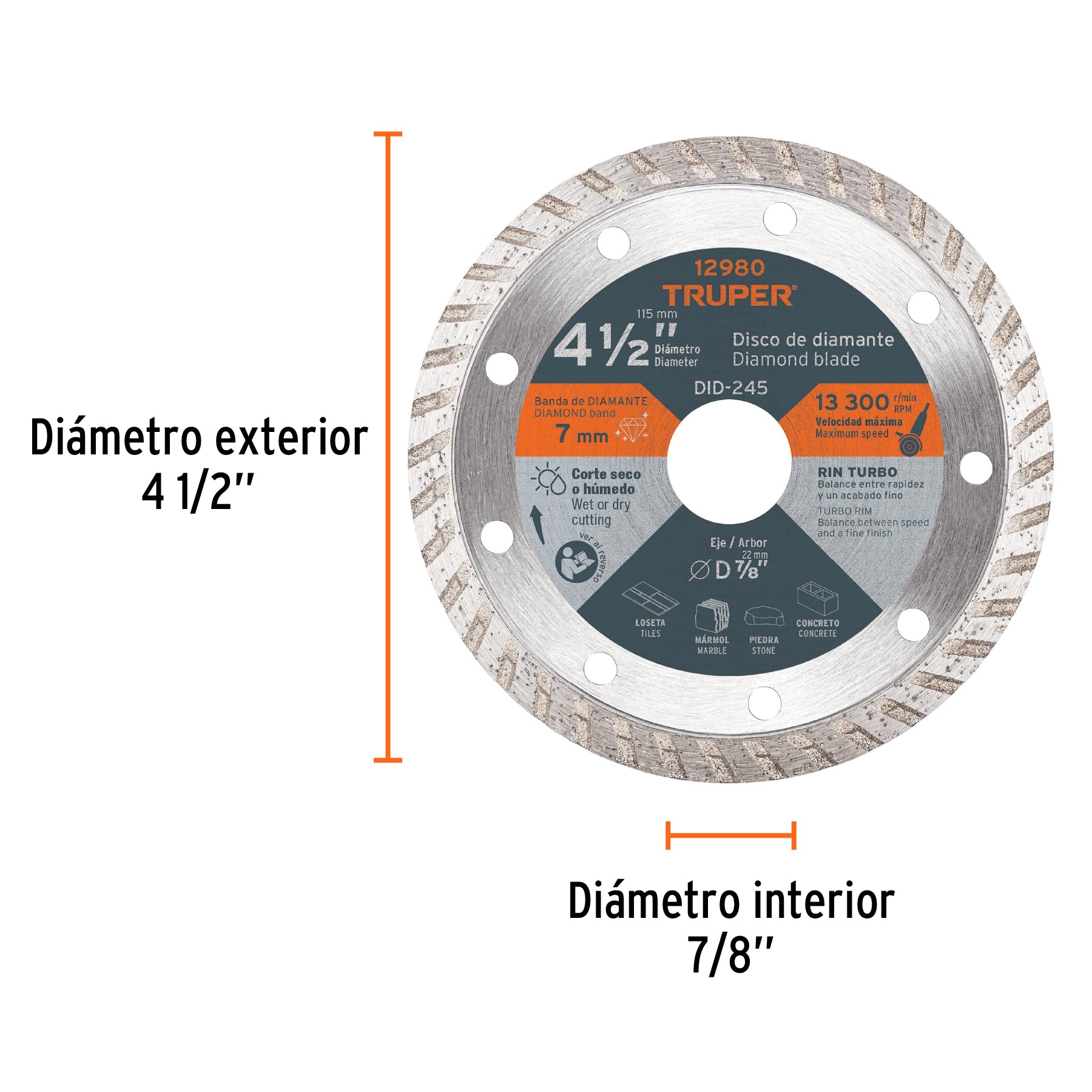 Disco de diamante de 4-1/2" x 2.2 mm, rin turbo, TRUPER