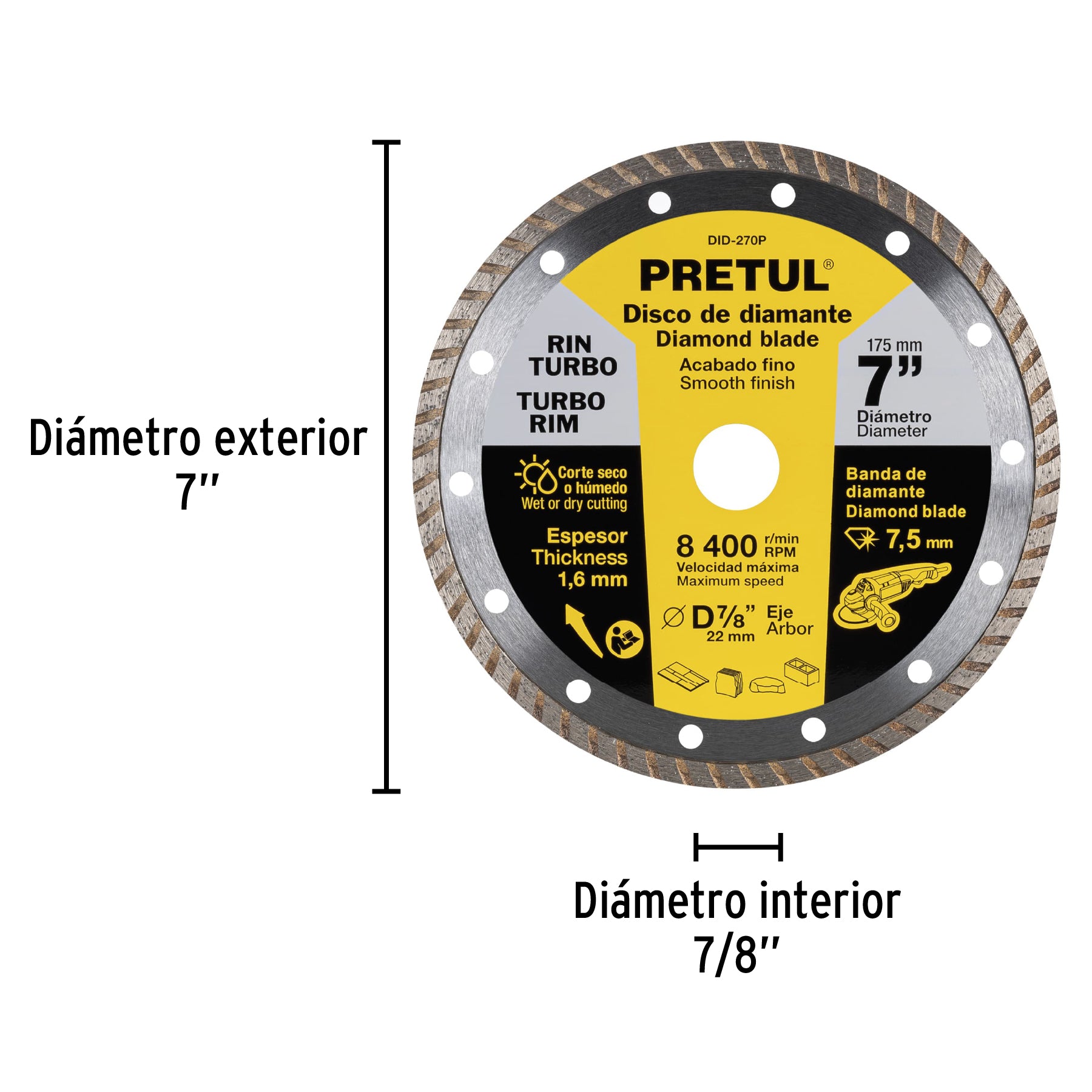Disco de diamante de 7" x 1.6 mm, rin turbo, PRETUL