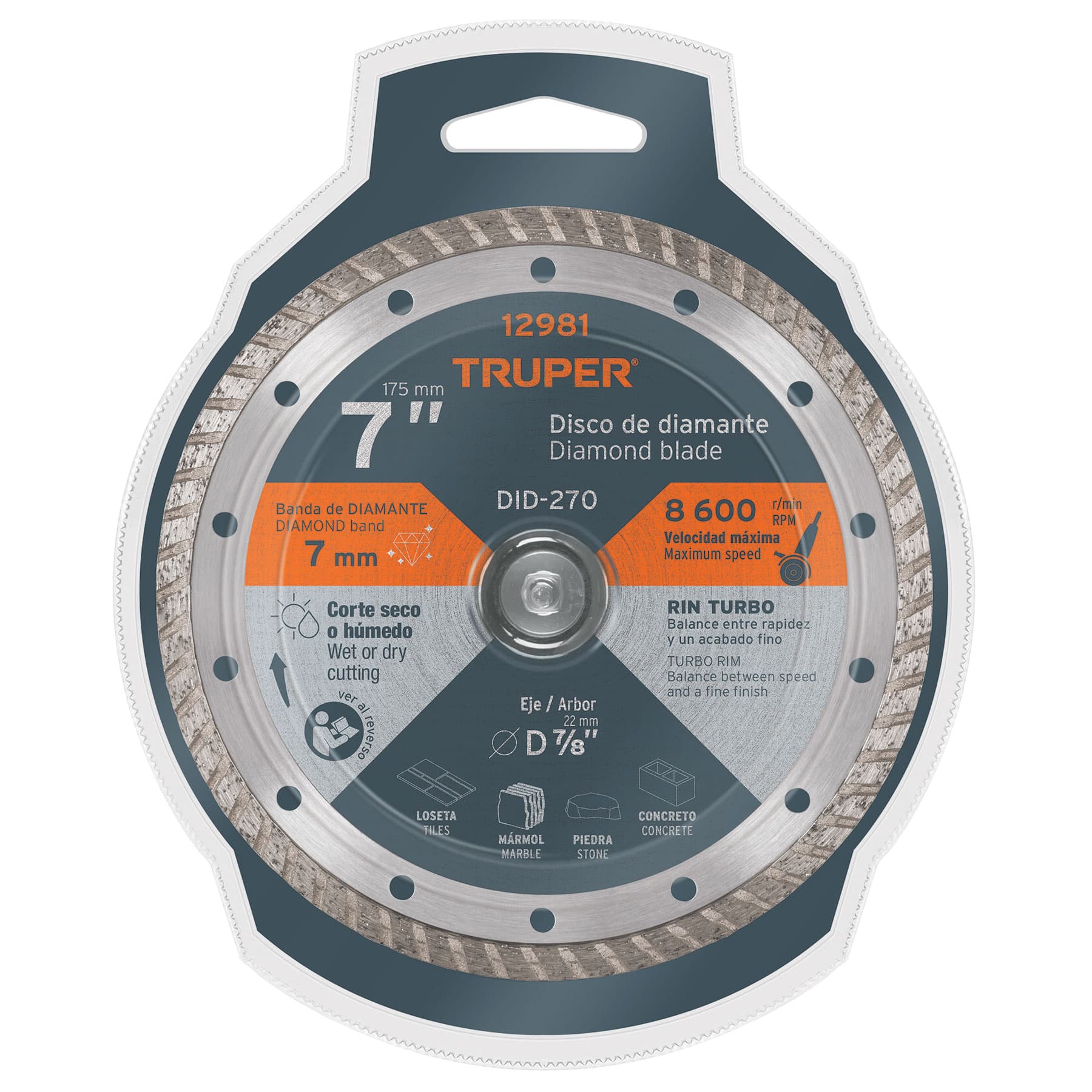 Disco de diamante de 7" x 2.8 mm, rin turbo, TRUPER
