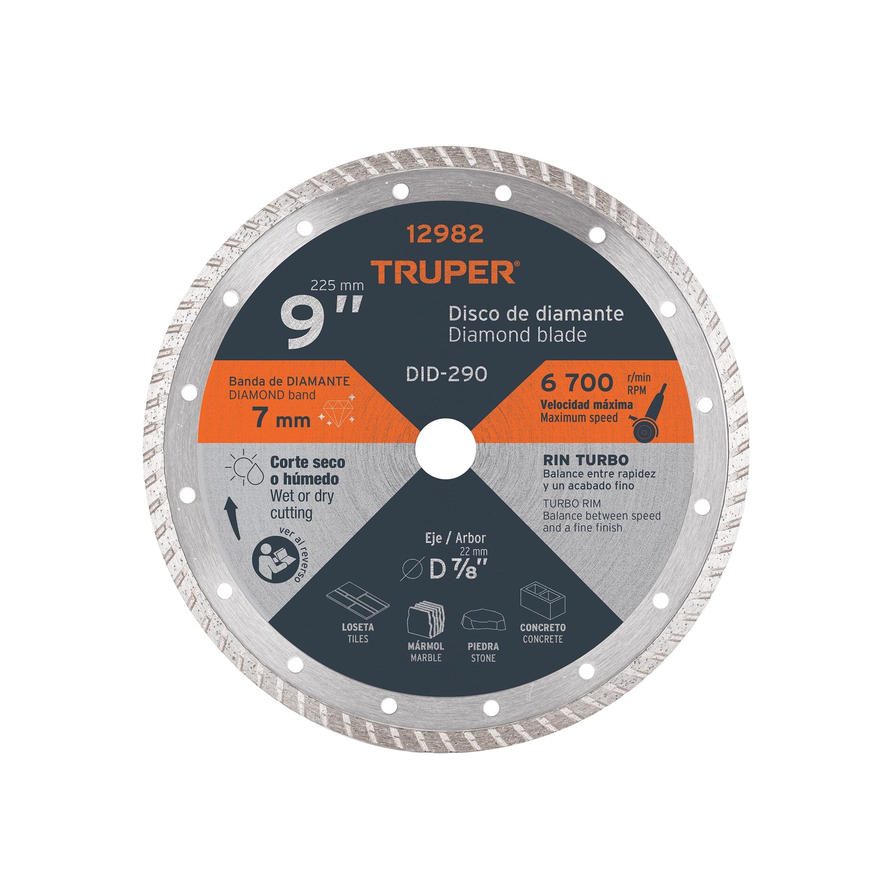 Disco de diamante de 9" x 3 mm, rin turbo, TRUPER