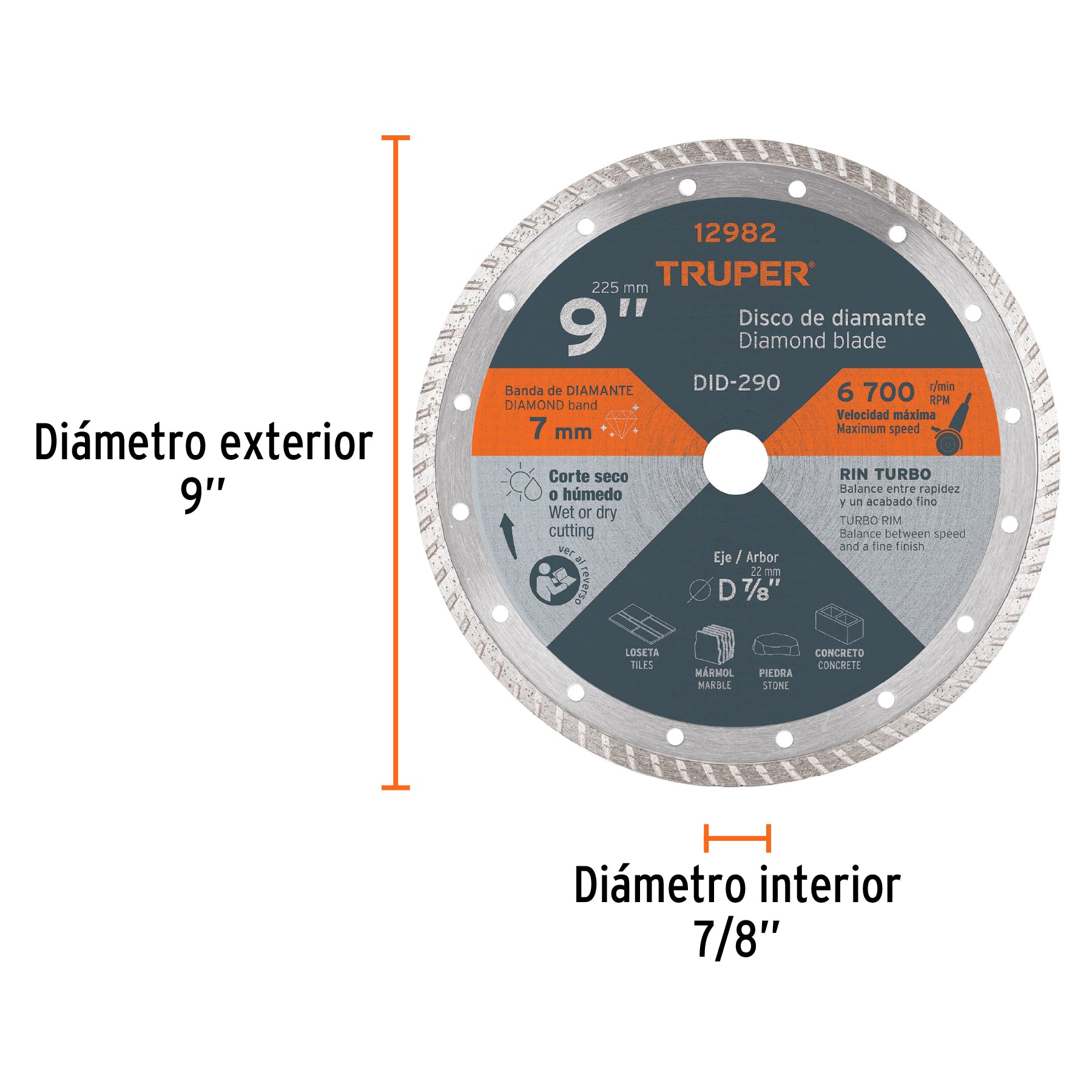 Disco de diamante de 9" x 3 mm, rin turbo, TRUPER