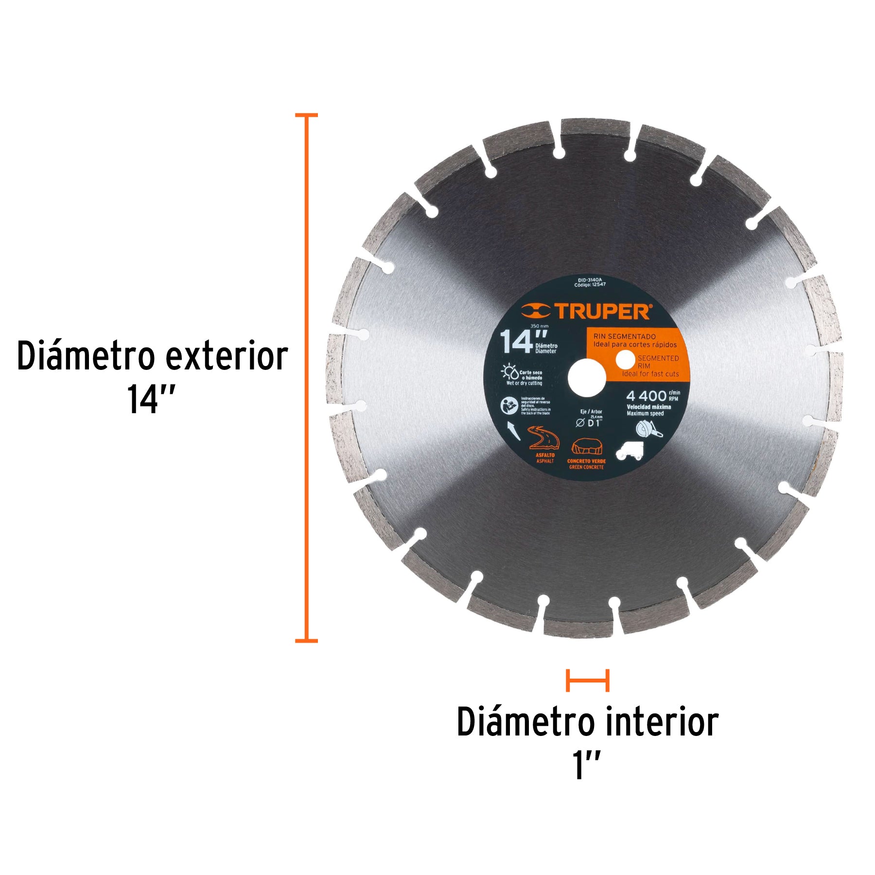 Disco de diamante de 14" x 2.8 mm, corte asfalto y concreto