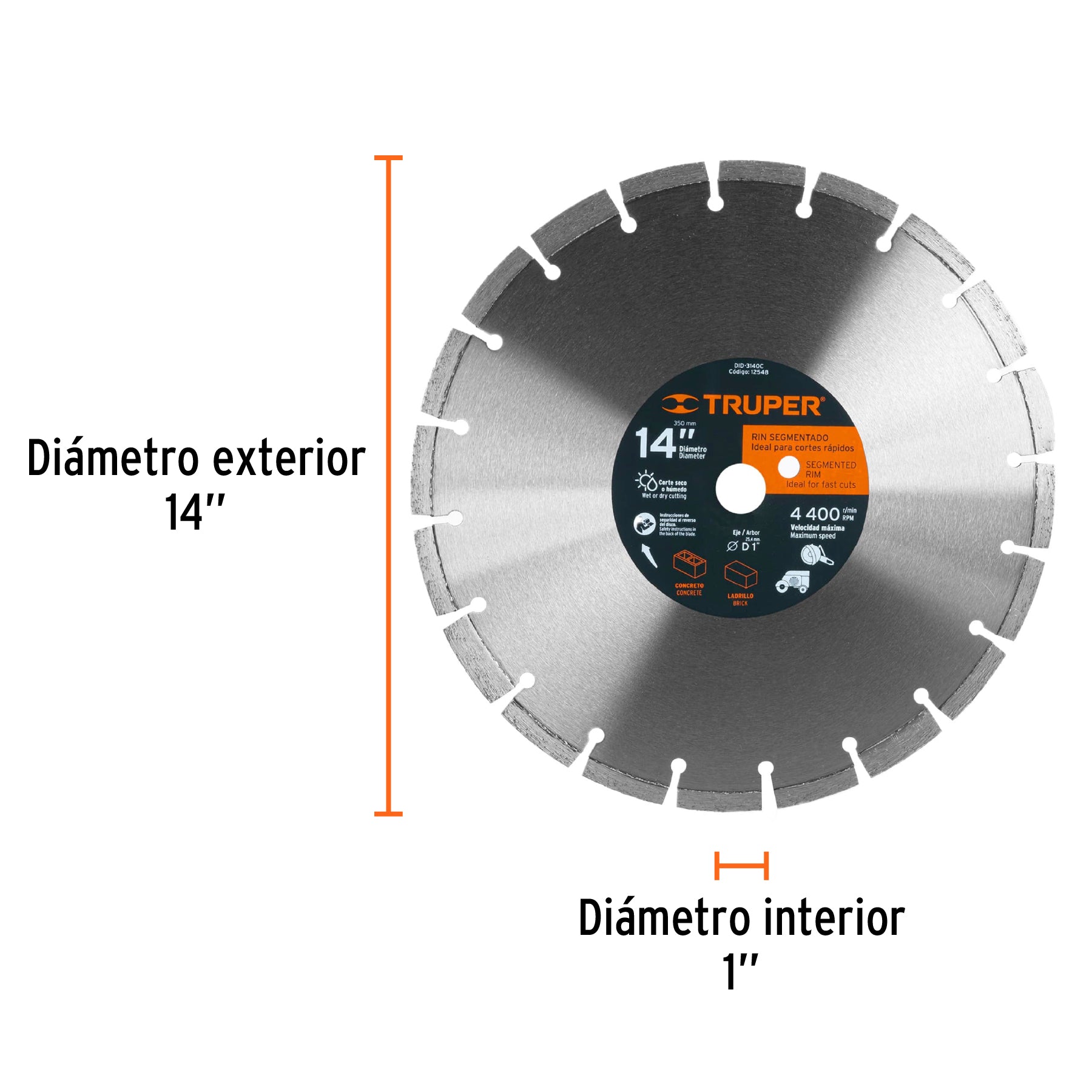 Disco de diamante de 14" x 2.8 mm, corte ladrillo y concreto