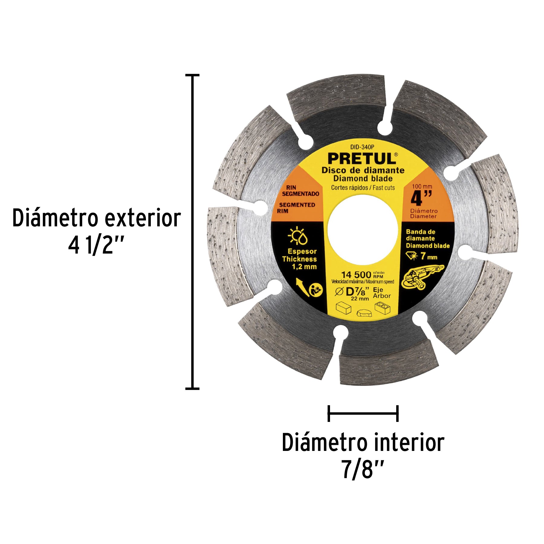 Disco de diamante de 4" x 1.2 mm rin segmentado, PRETUL