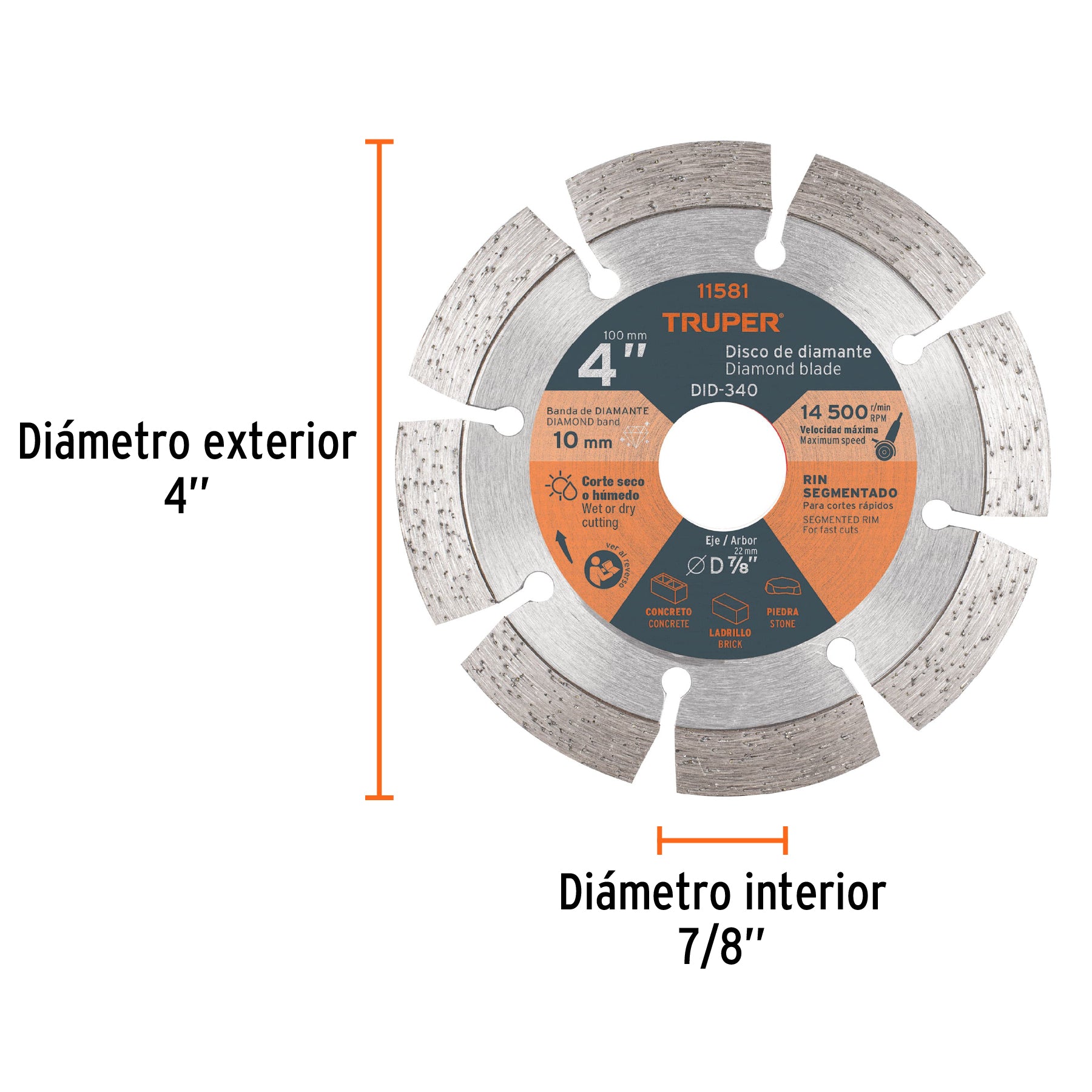 Disco de diamante de 4" x 2.1 mm, rin segmentado, TRUPER