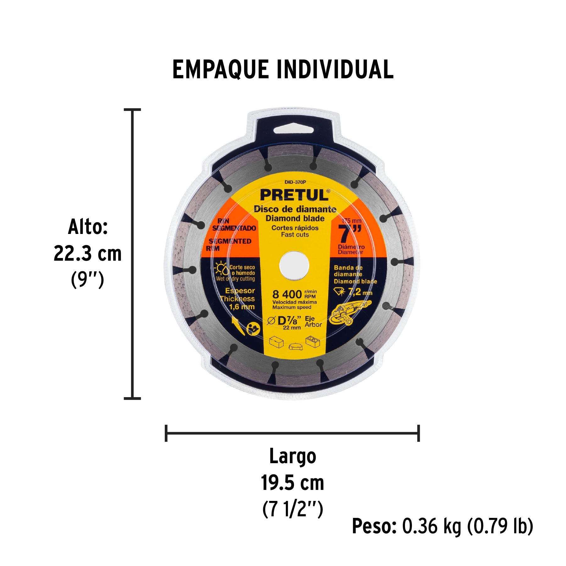 Disco de diamante de 7" x 1.6 mm rin segmentado, PRETUL - Empaque