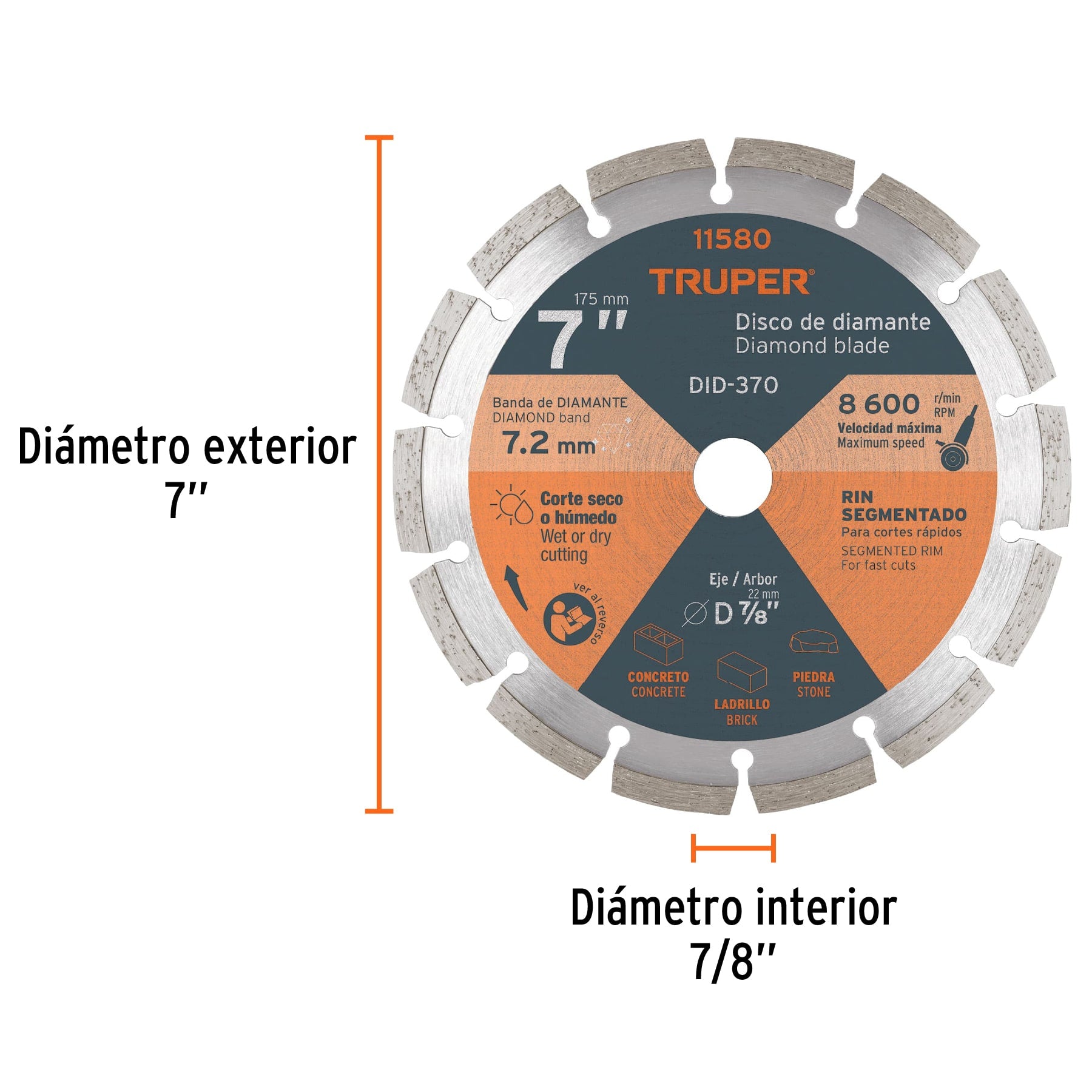 Disco de diamante de 7" x 2.5 mm, rin segmentado, TRUPER