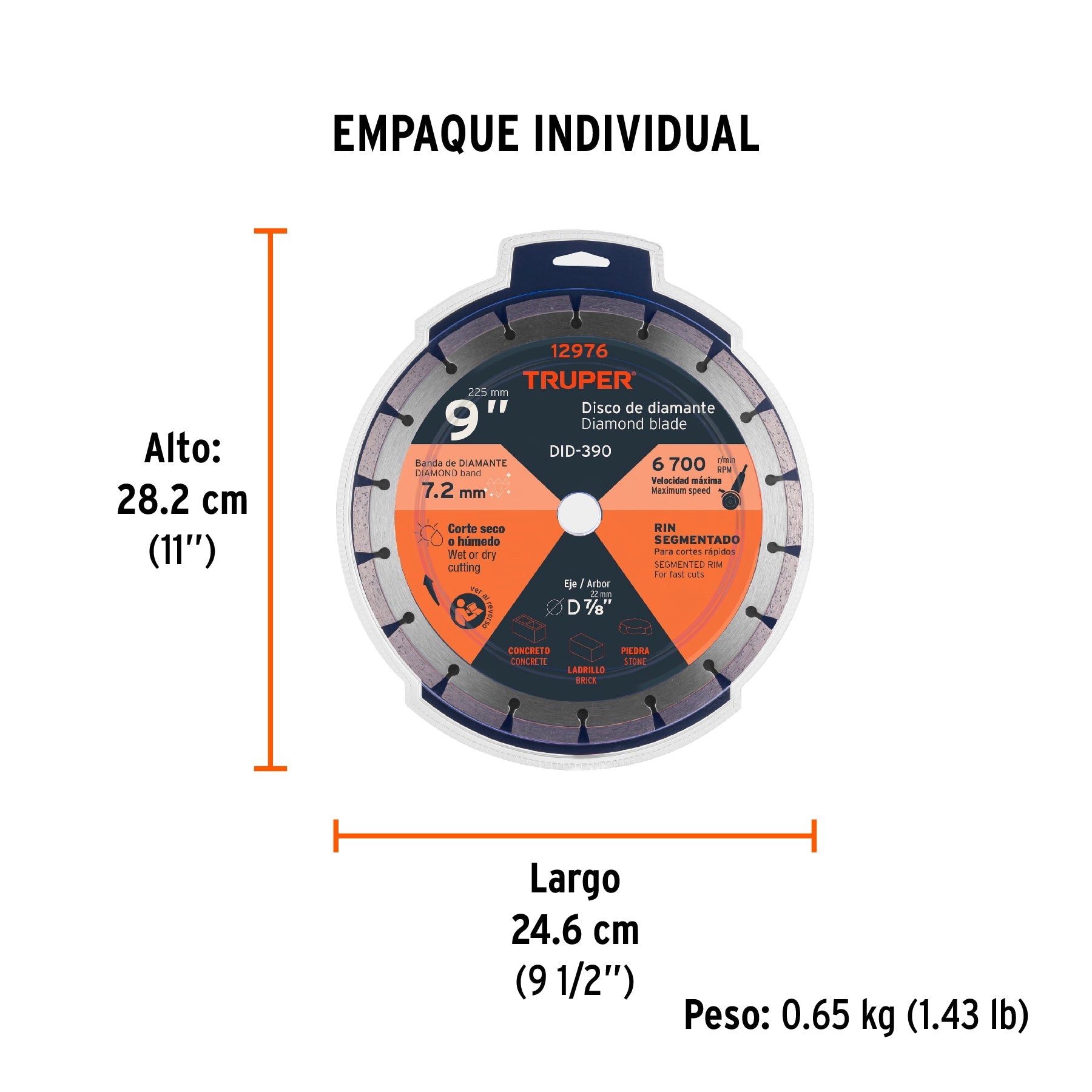Disco de diamante de 9" x 2.7 mm, rin segmentado, TRUPER - Empaque