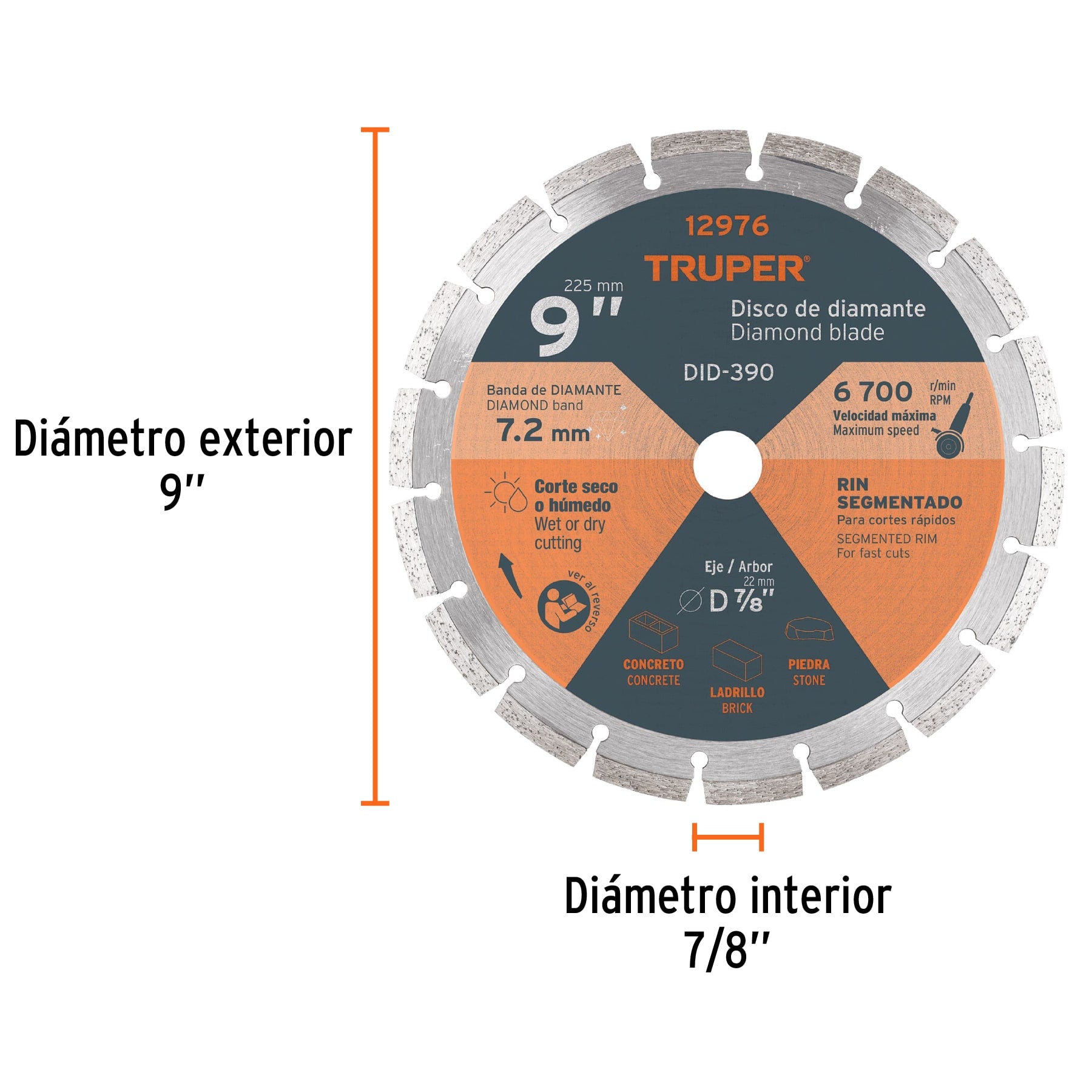 Disco de diamante de 9" x 2.7 mm, rin segmentado, TRUPER