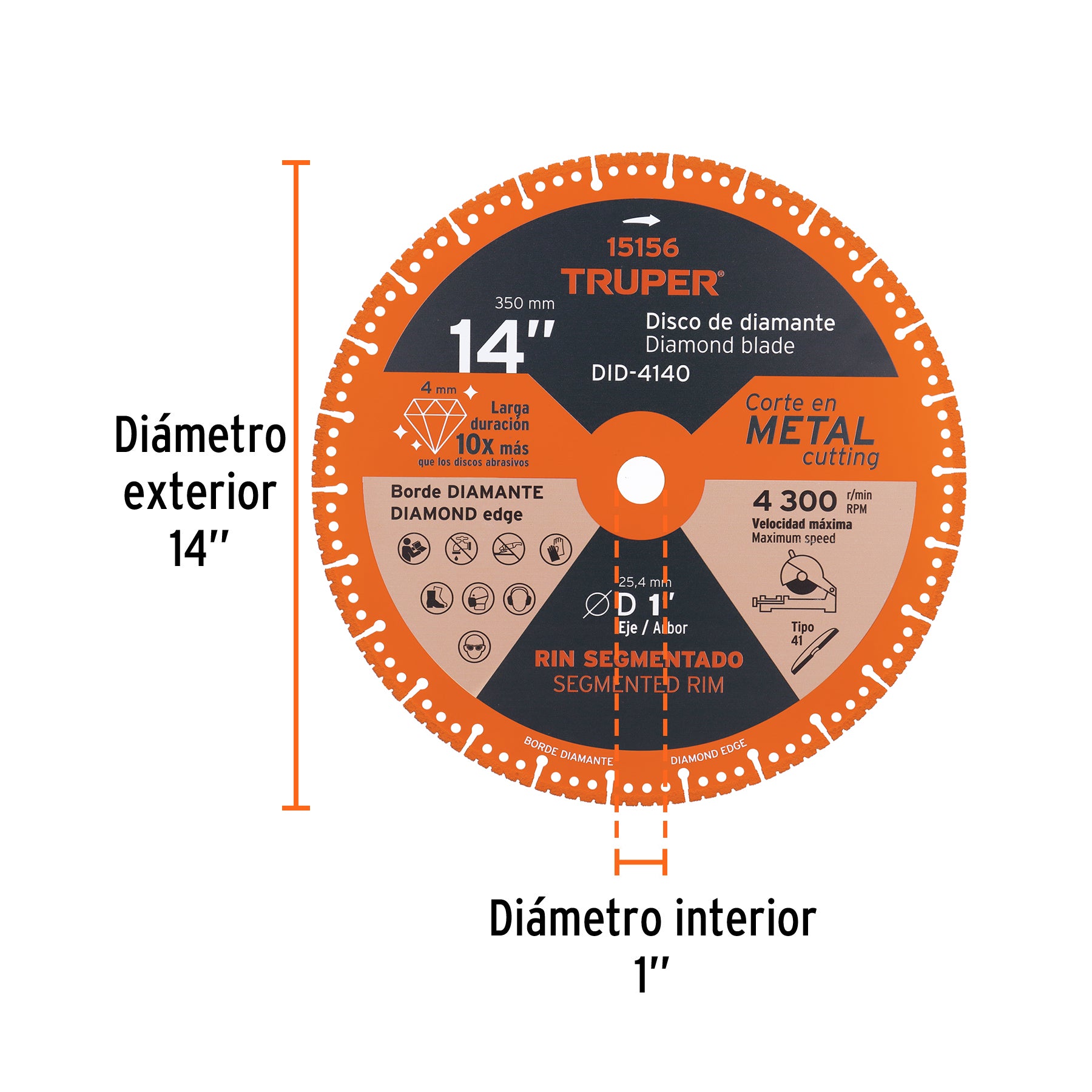 Disco de diamante de 14" x 4 mm, corte de metal, TRUPER