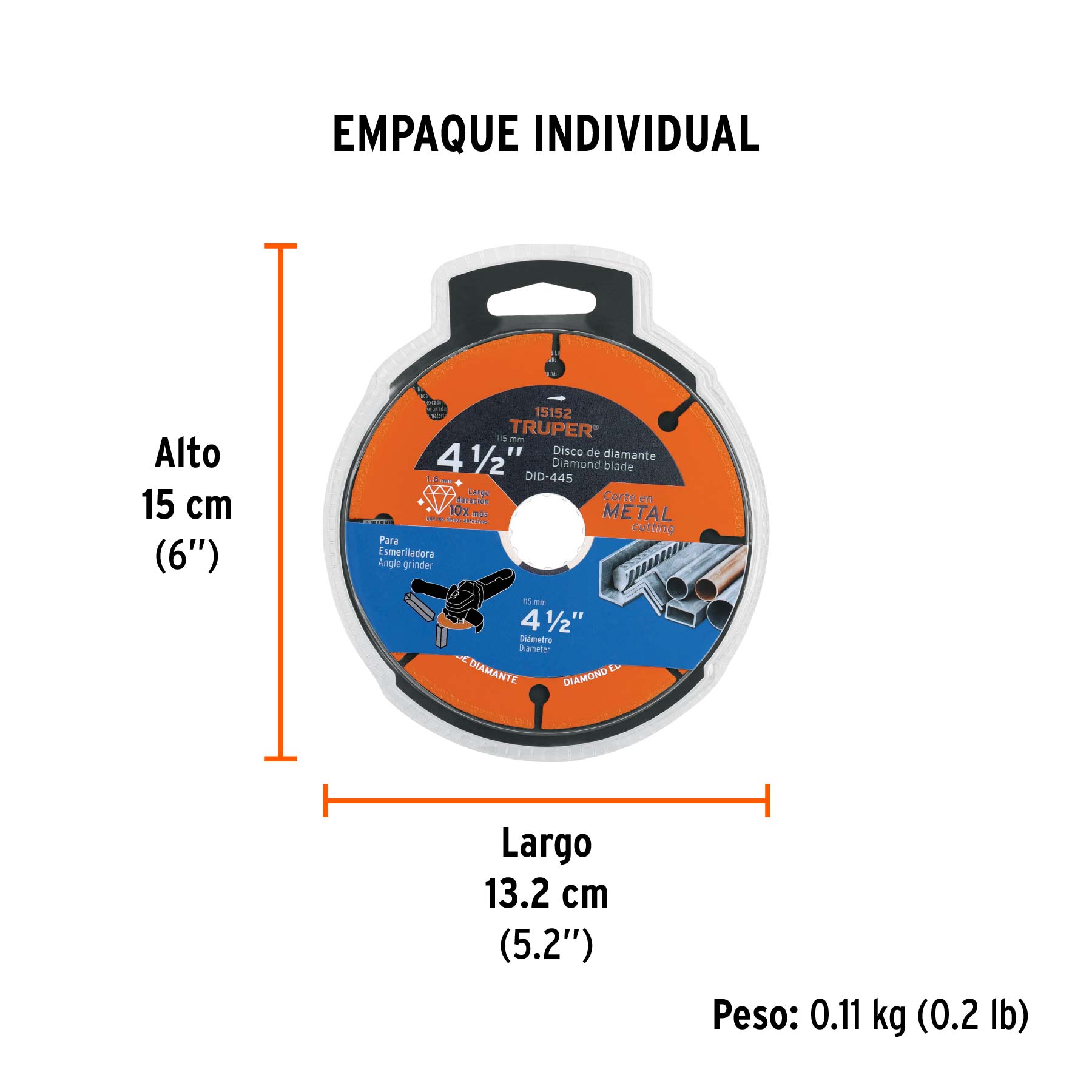 Disco de diamante de 4-1/2" x 1.6 mm, corte de metal, TRUPER - Empaque