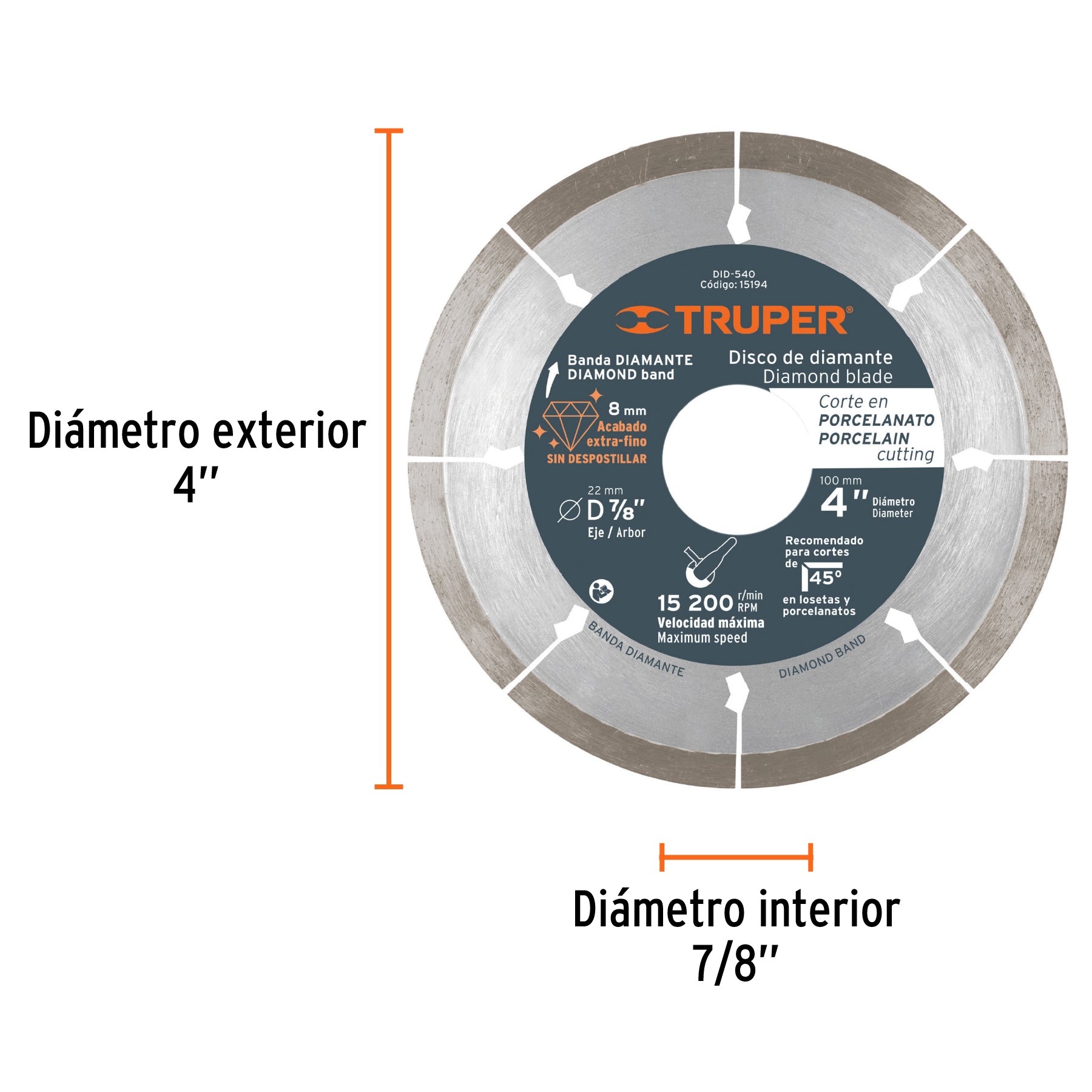 Disco de diamante de 4" x 1.3 mm, corte de porcelanato