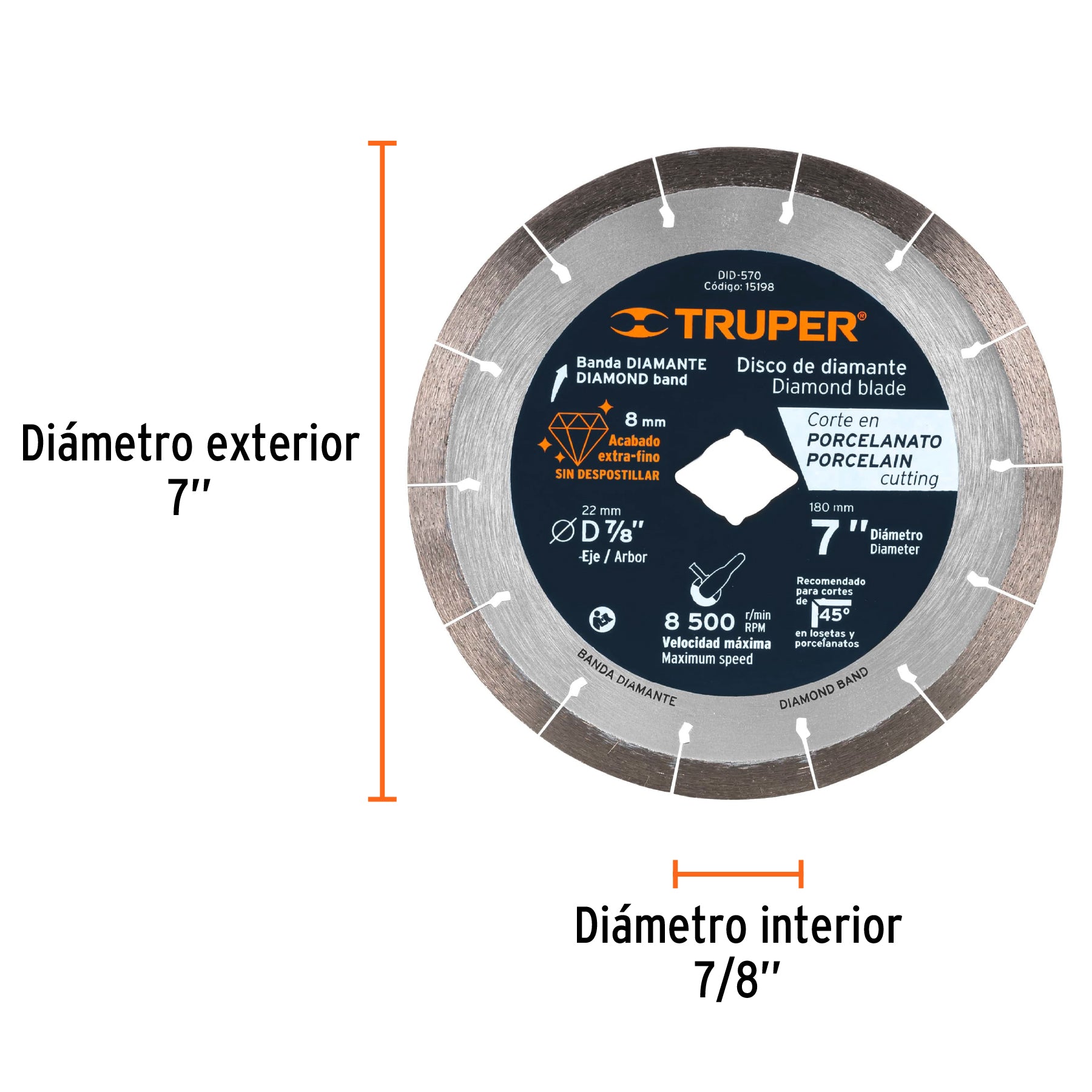 Disco de diamante de 7" x 1.6 mm, corte de porcelanato