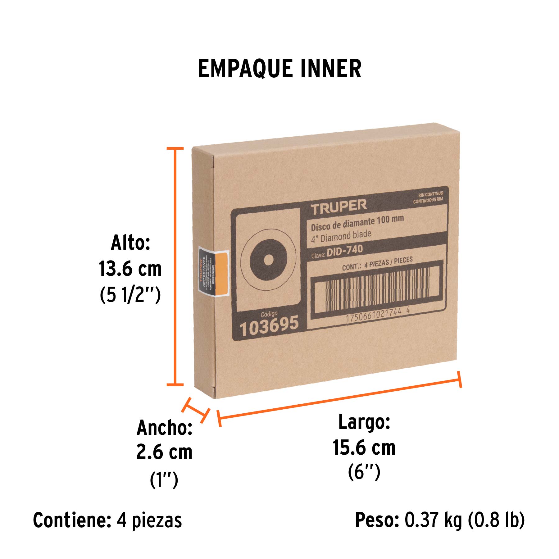 Disco de diamante 4", corte de vidrio, TRUPER - Empaque