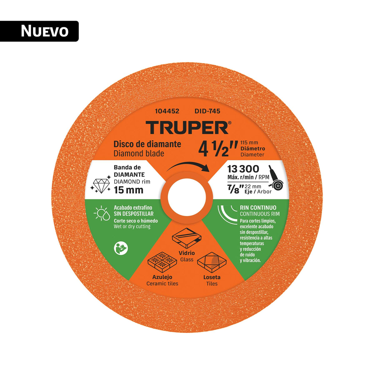 Disco de diamante 4-1/2", corte de vidrio, TRUPER