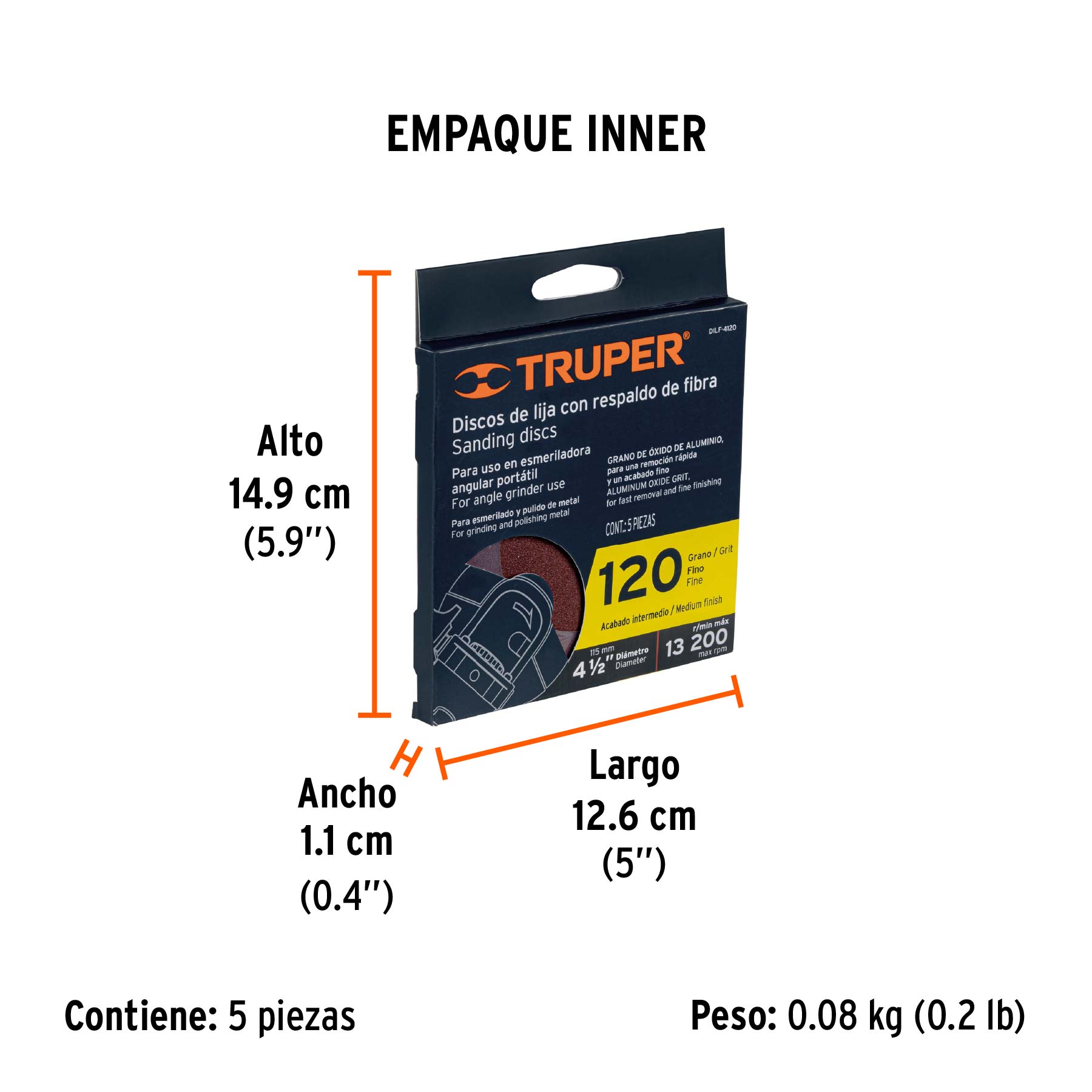 Disco lija 4-1/2" con respaldo de fibra, grano 120, TRUPER - Empaque