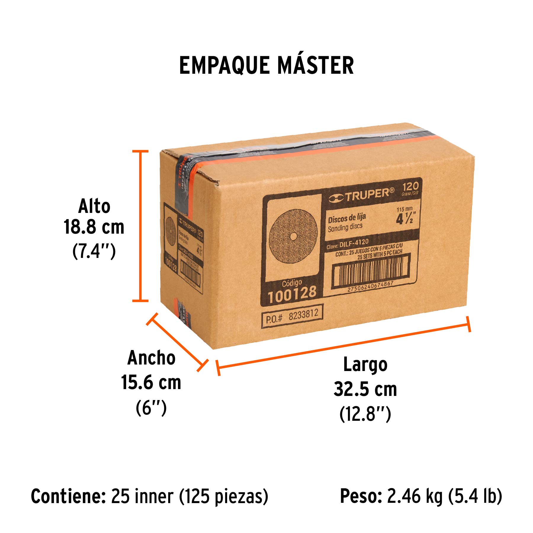Disco lija 4-1/2" con respaldo de fibra, grano 120, TRUPER - Empaque