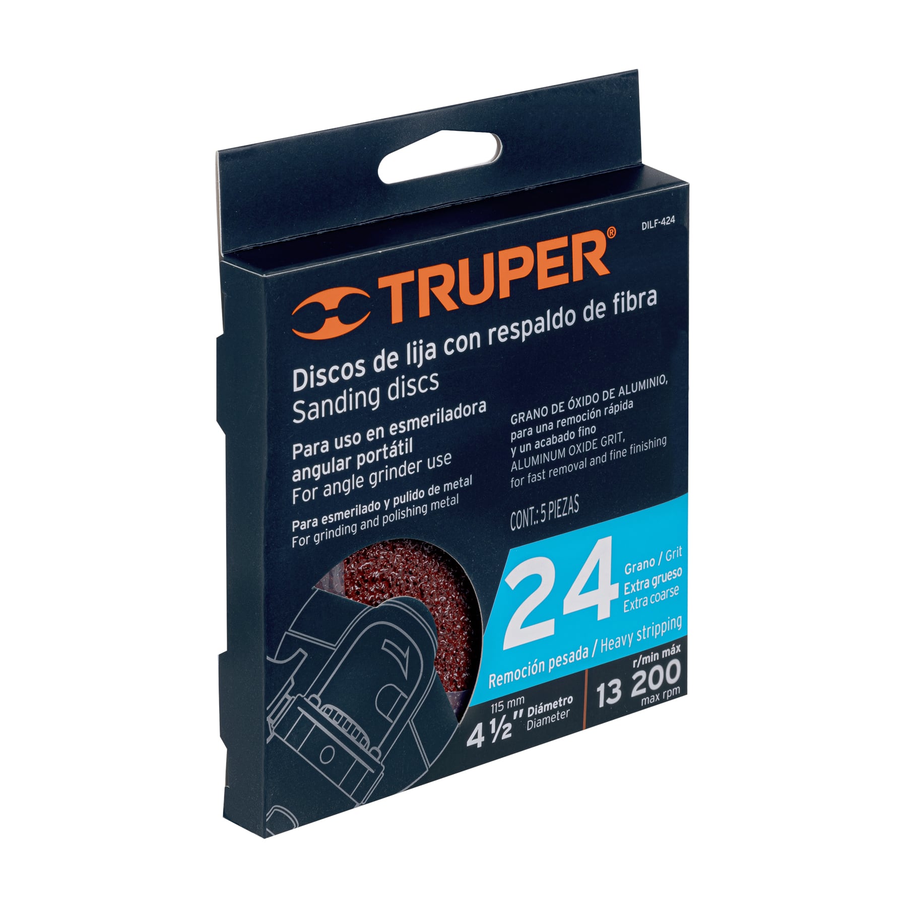 Disco de lija 4-1/2" con respaldo de fibra, grano 24, TRUPER