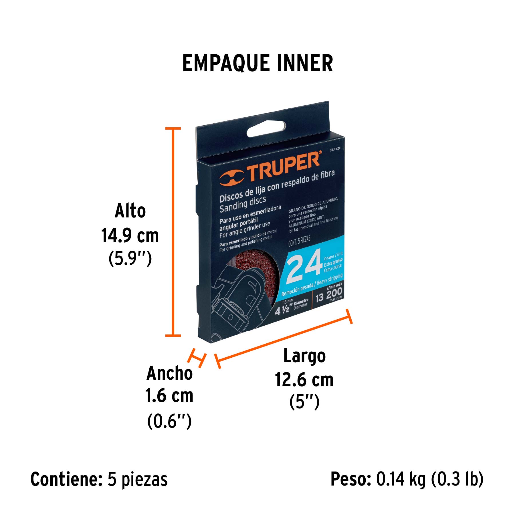 Disco de lija 4-1/2" con respaldo de fibra, grano 24, TRUPER - Empaque