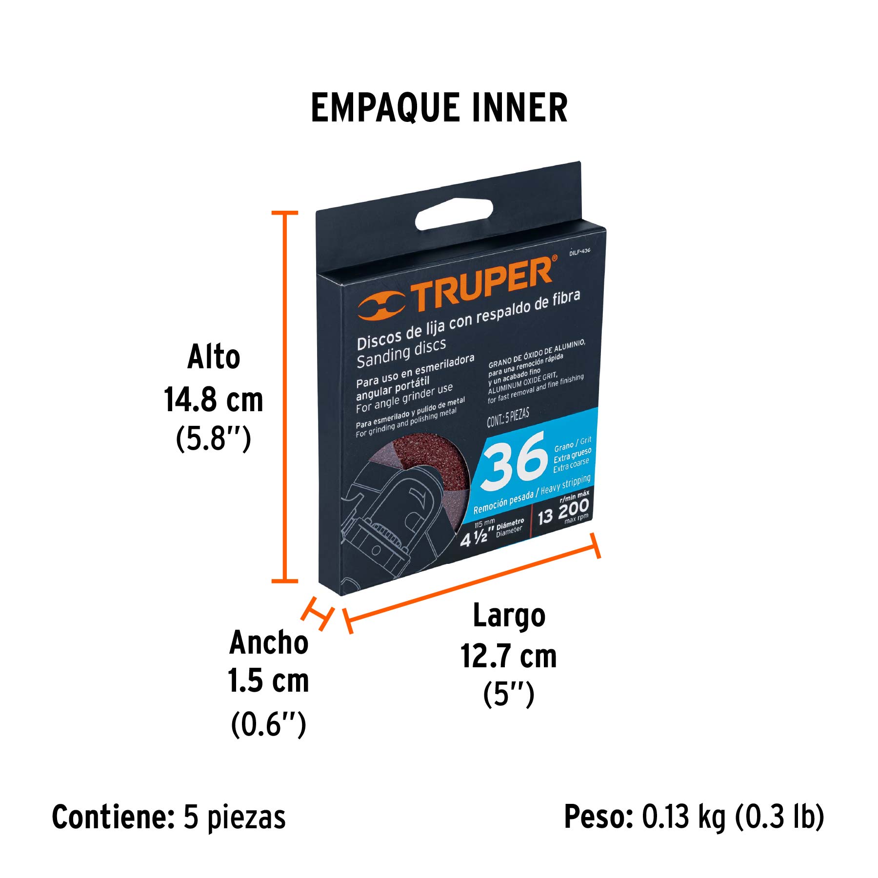 Disco de lija 4-1/2" con respaldo de fibra, grano 36, TRUPER - Empaque