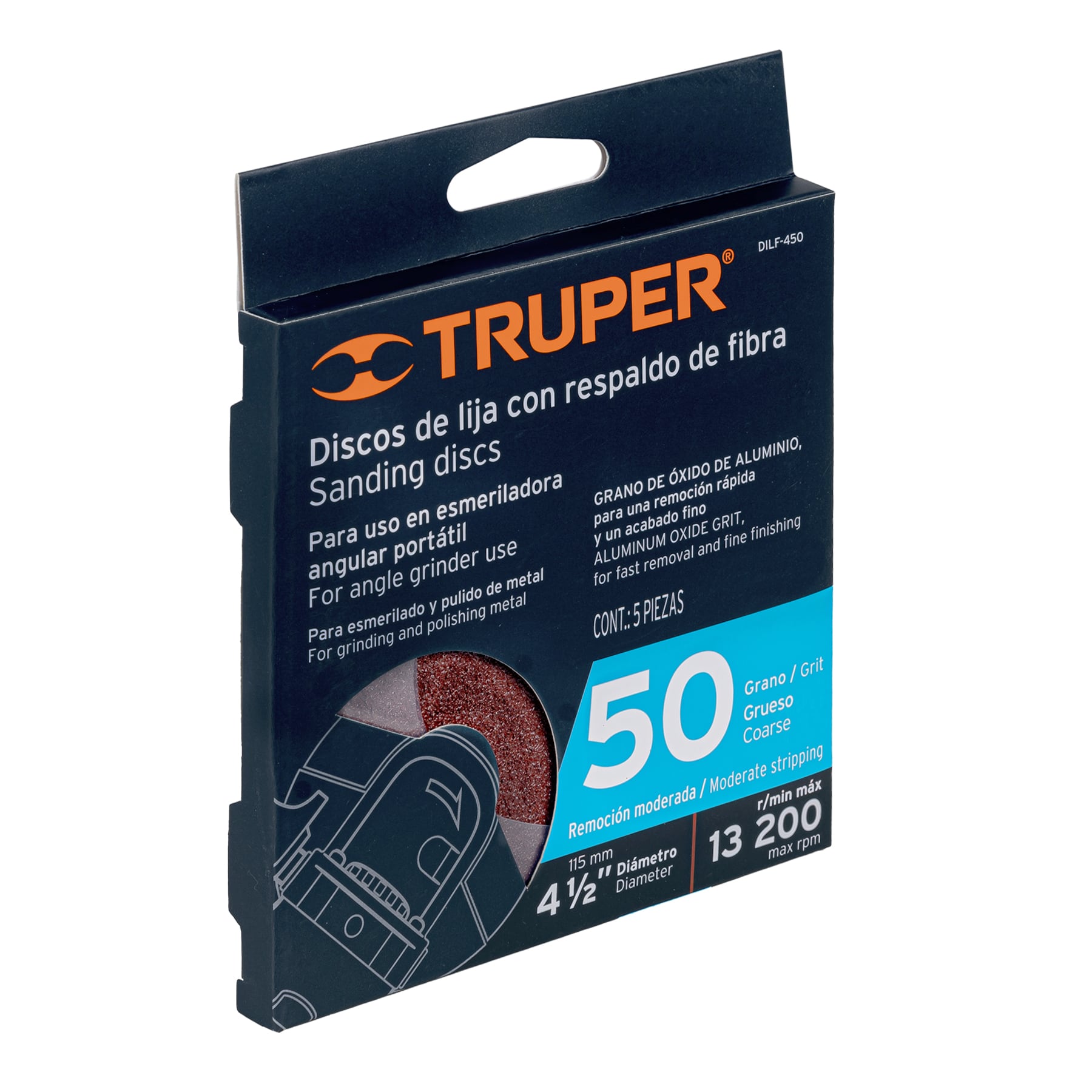 Disco de lija 4-1/2" con respaldo de fibra, grano 50, TRUPER