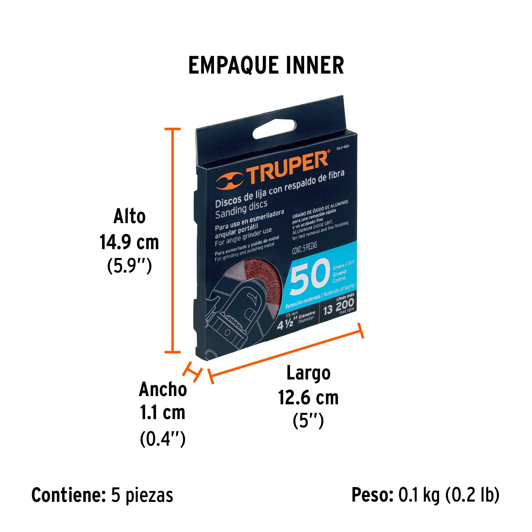 Disco de lija 4-1/2" con respaldo de fibra, grano 50, TRUPER - Empaque