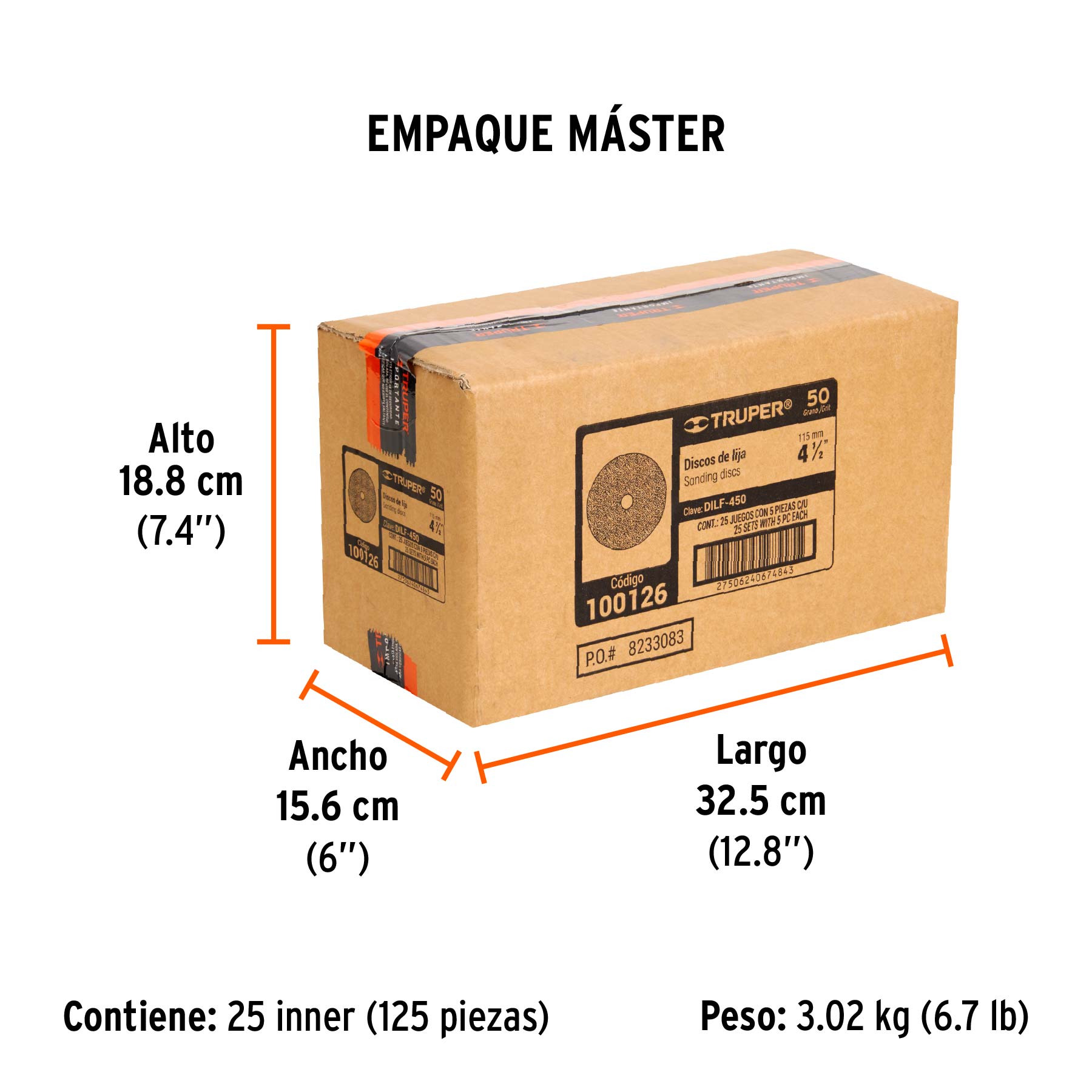 Disco de lija 4-1/2" con respaldo de fibra, grano 50, TRUPER - Empaque