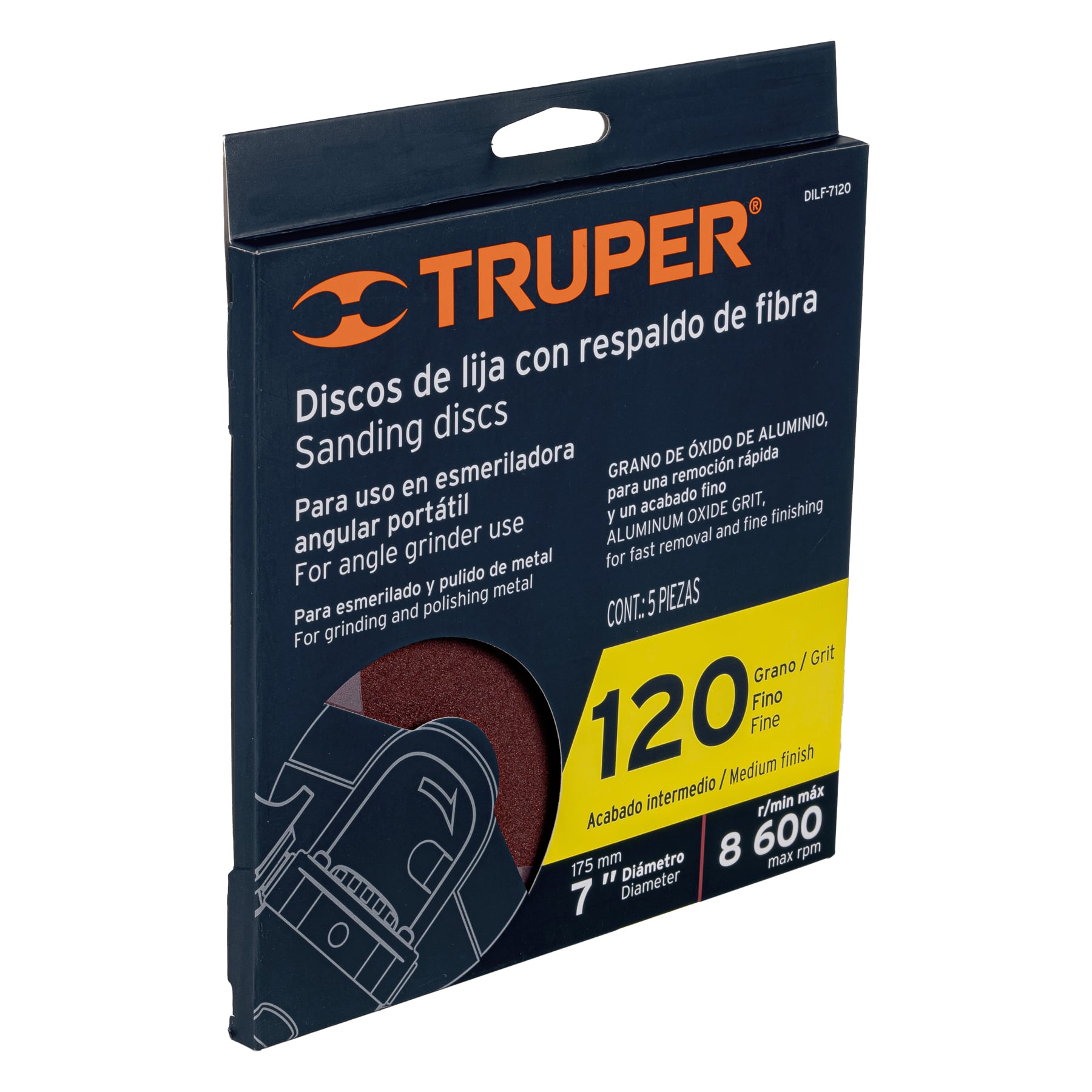 Disco de lija de 7" con respaldo de fibra, grano 120, TRUPER